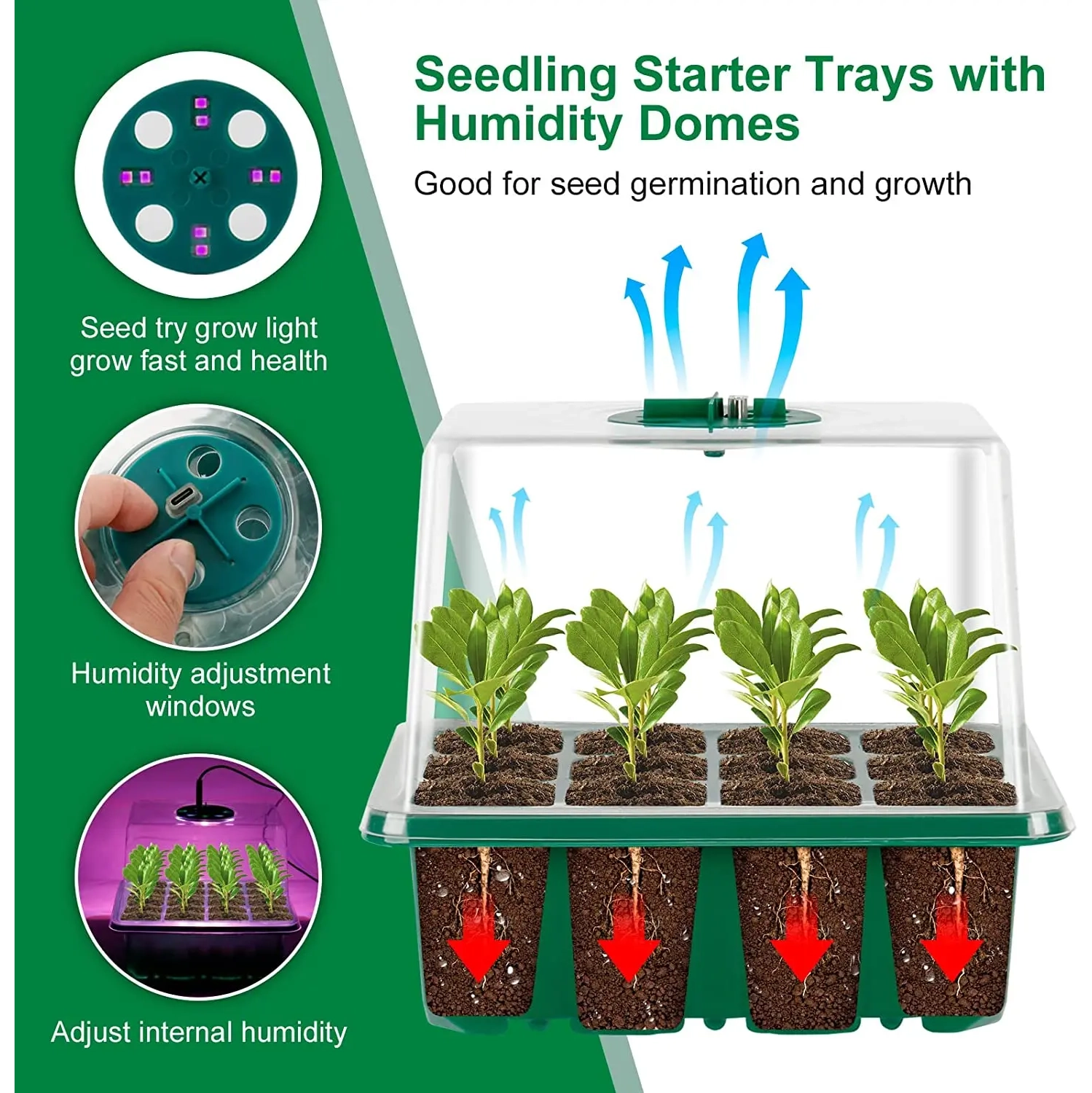 Seed Starter Tray with Lights, Seed Starter Kit with Humidity Dome, Seedling Starter Trays for Planting Seeds- Green