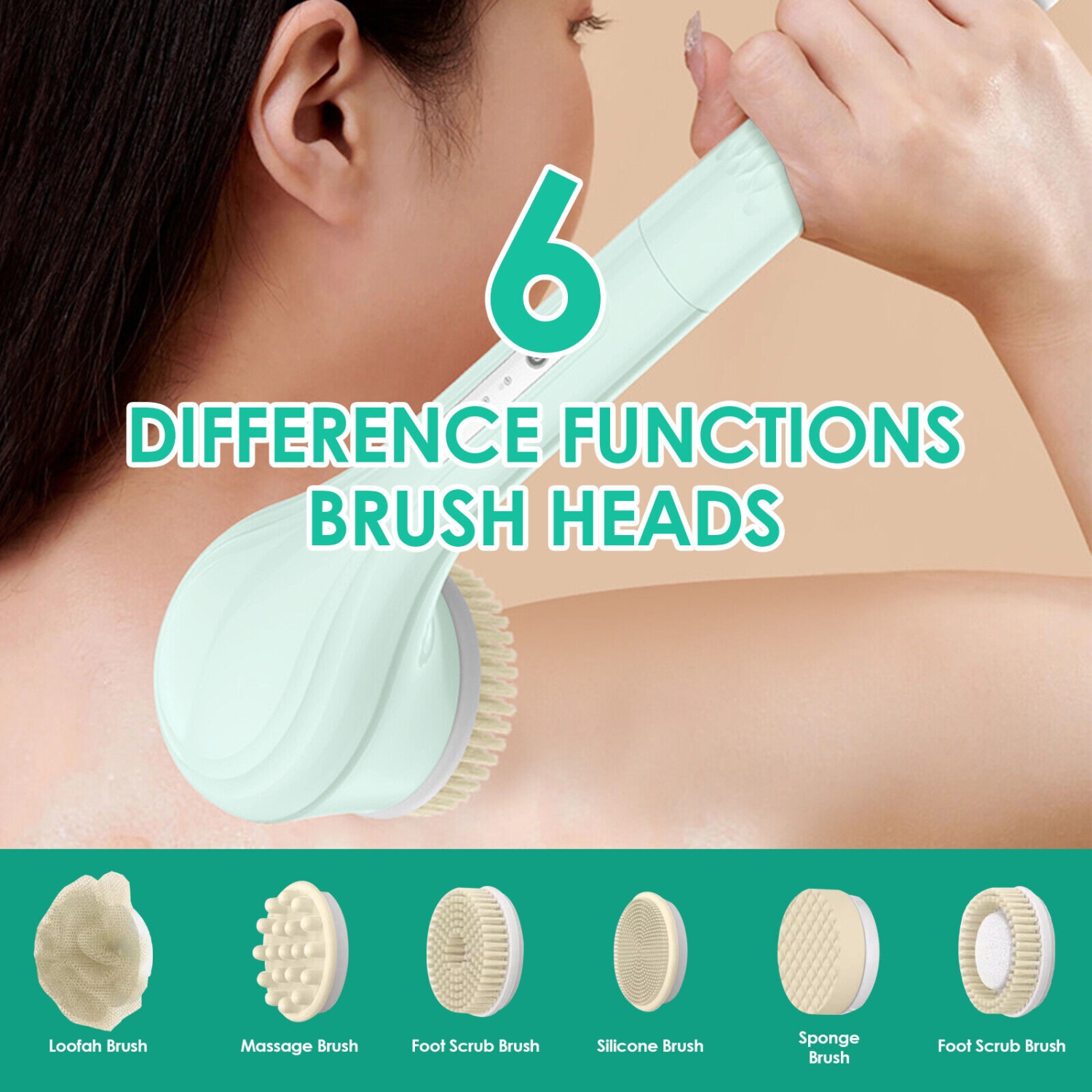 Brosse électrique pour le bain à long manche, brosse arrière rechargeable pour la douche avec 6 têtes de brosse de douche