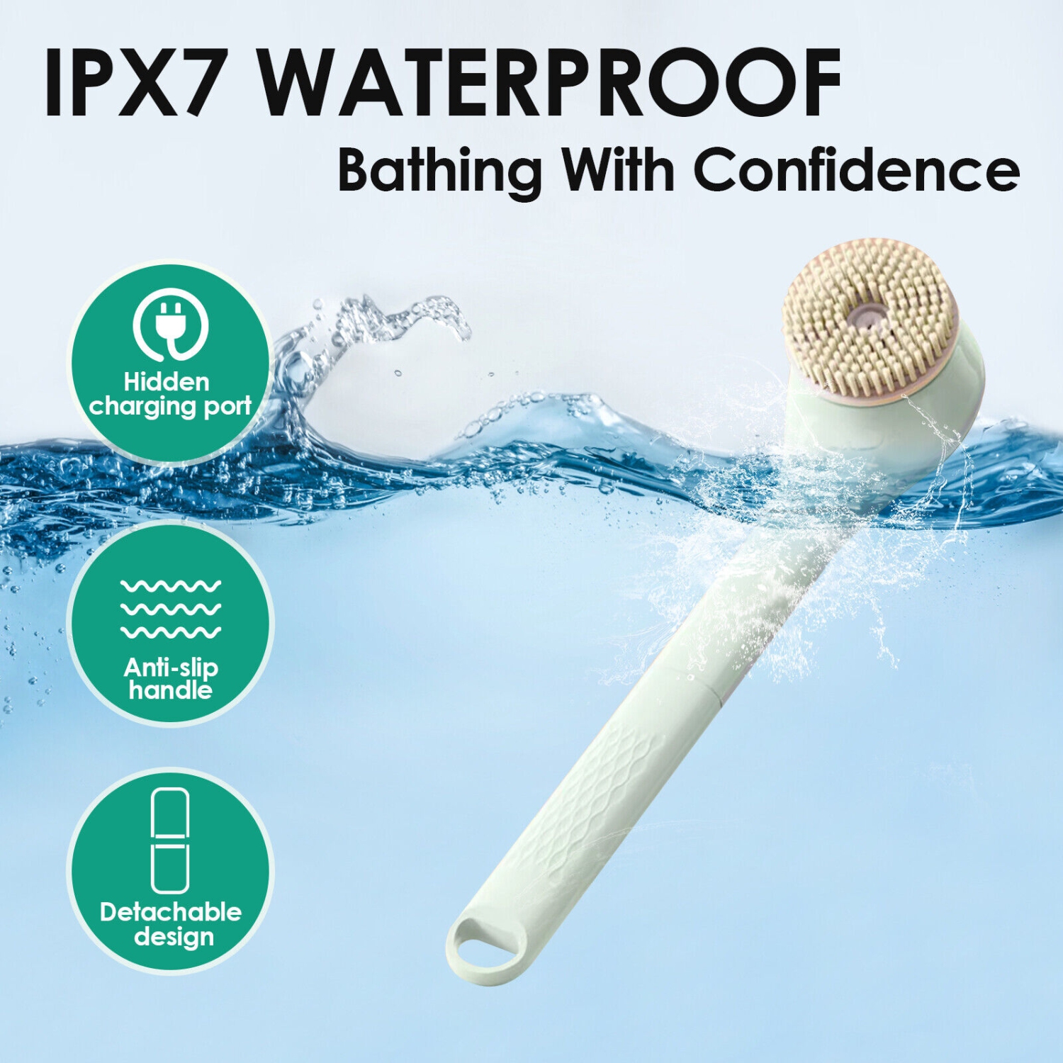 Brosse électrique pour le bain à long manche, brosse arrière rechargeable pour la douche avec 6 têtes de brosse de douche