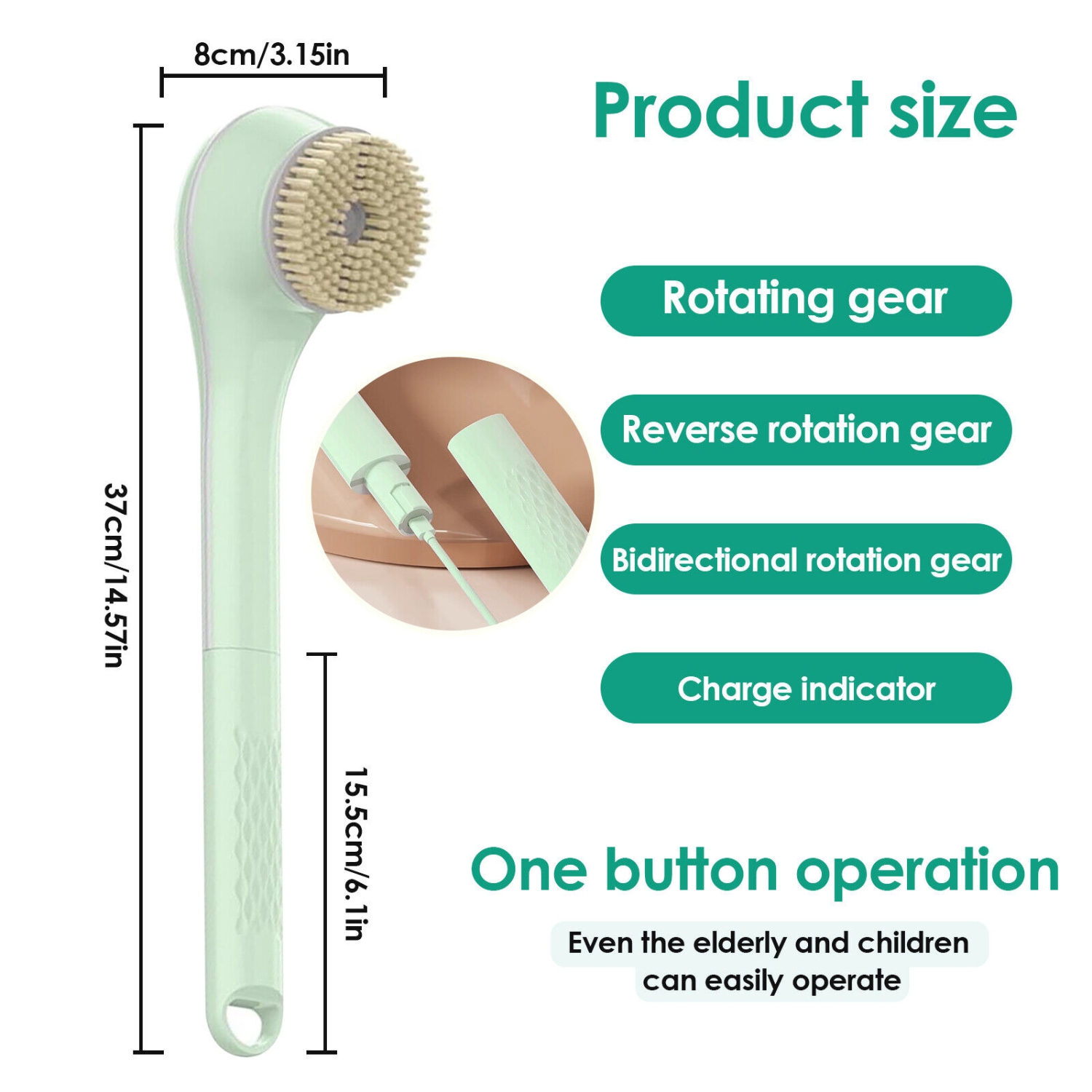 Brosse électrique pour le bain à long manche, brosse arrière rechargeable pour la douche avec 6 têtes de brosse de douche