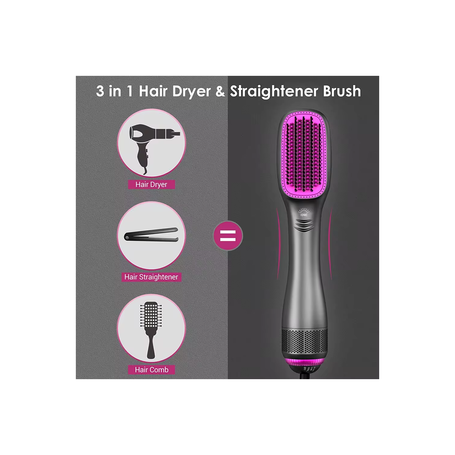 Hair Dryer Brush, Hair Straightener Brush with Negative Ionic Hot Comb Straightener, Hair Styling Tools for Women - Grey