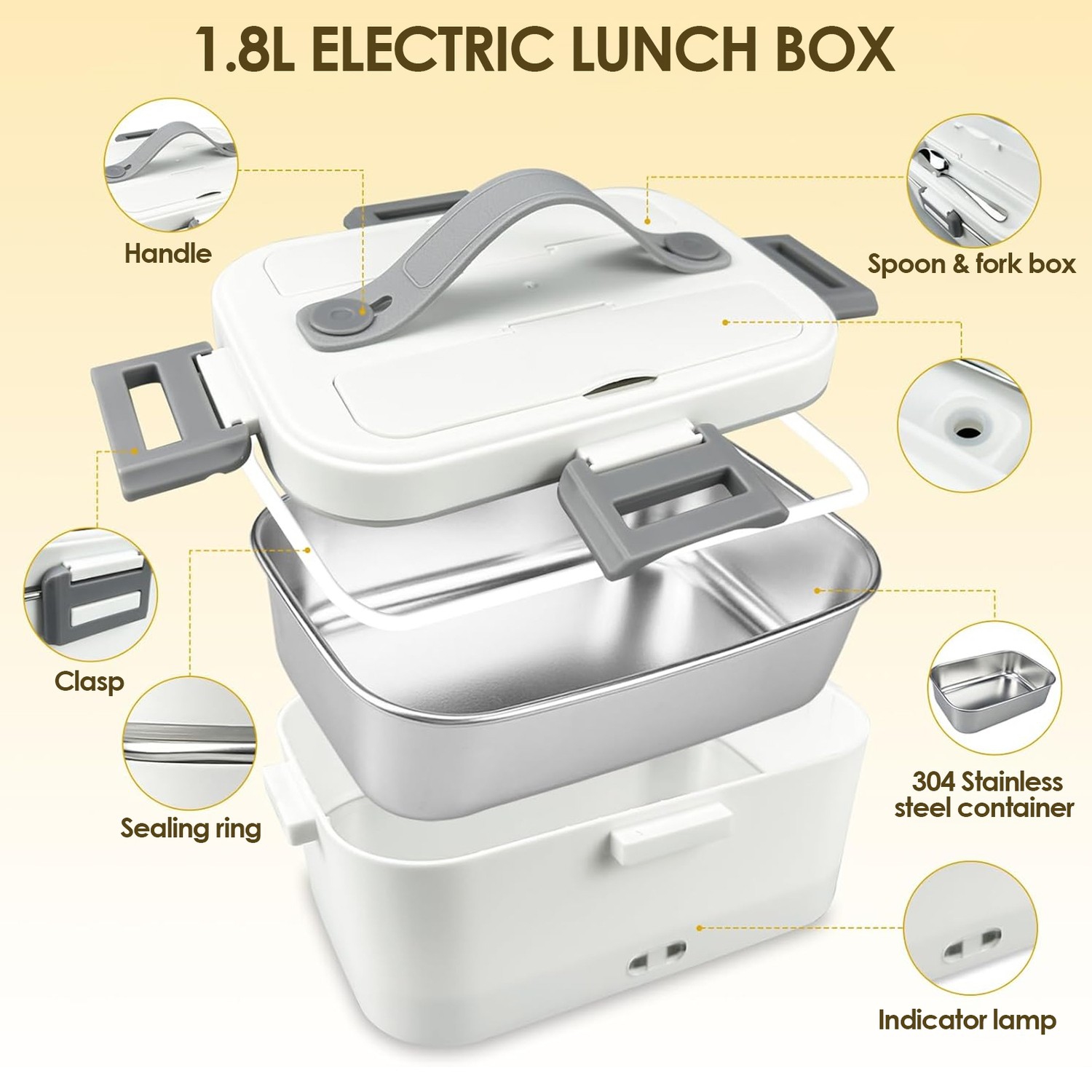 Boîte à lunch électrique Chauffe-nourriture , 75 W Boîte à lunch chauffante pour adultes, 1,8 L Chauffe-repas rapide Chauffage d'aliments