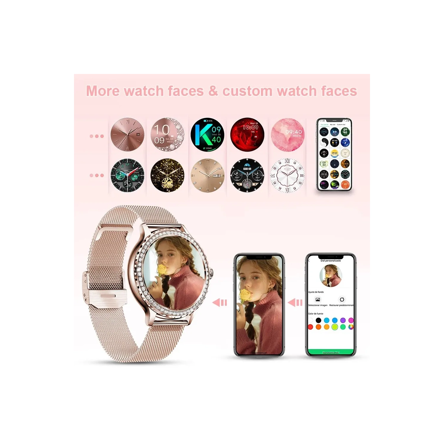 Montre intelligente pour Lady Bluetooth Call , Mode Sport Fitness Femme Montre intelligente , Motifs à faire soi-même pour iOS Android - Rose