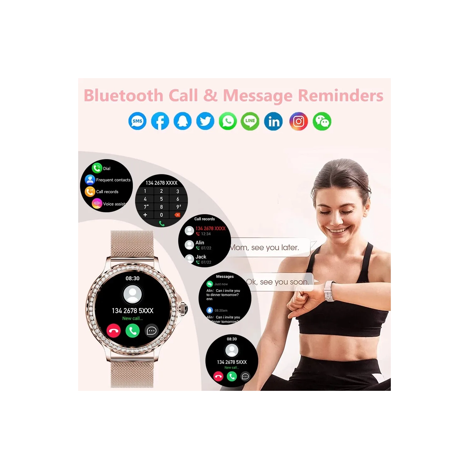 Montre intelligente pour Lady Bluetooth Call , Mode Sport Fitness Femme Montre intelligente , Motifs à faire soi-même pour iOS Android - Rose