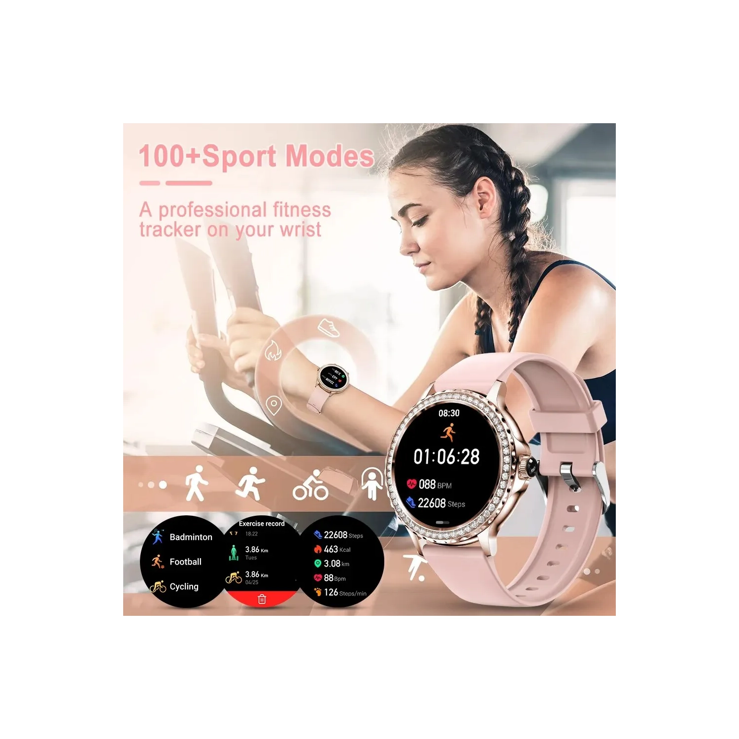 Montre intelligente pour Lady Bluetooth Call , Mode Sport Fitness Femme Montre intelligente , Motifs à faire soi-même pour iOS Android - Rose
