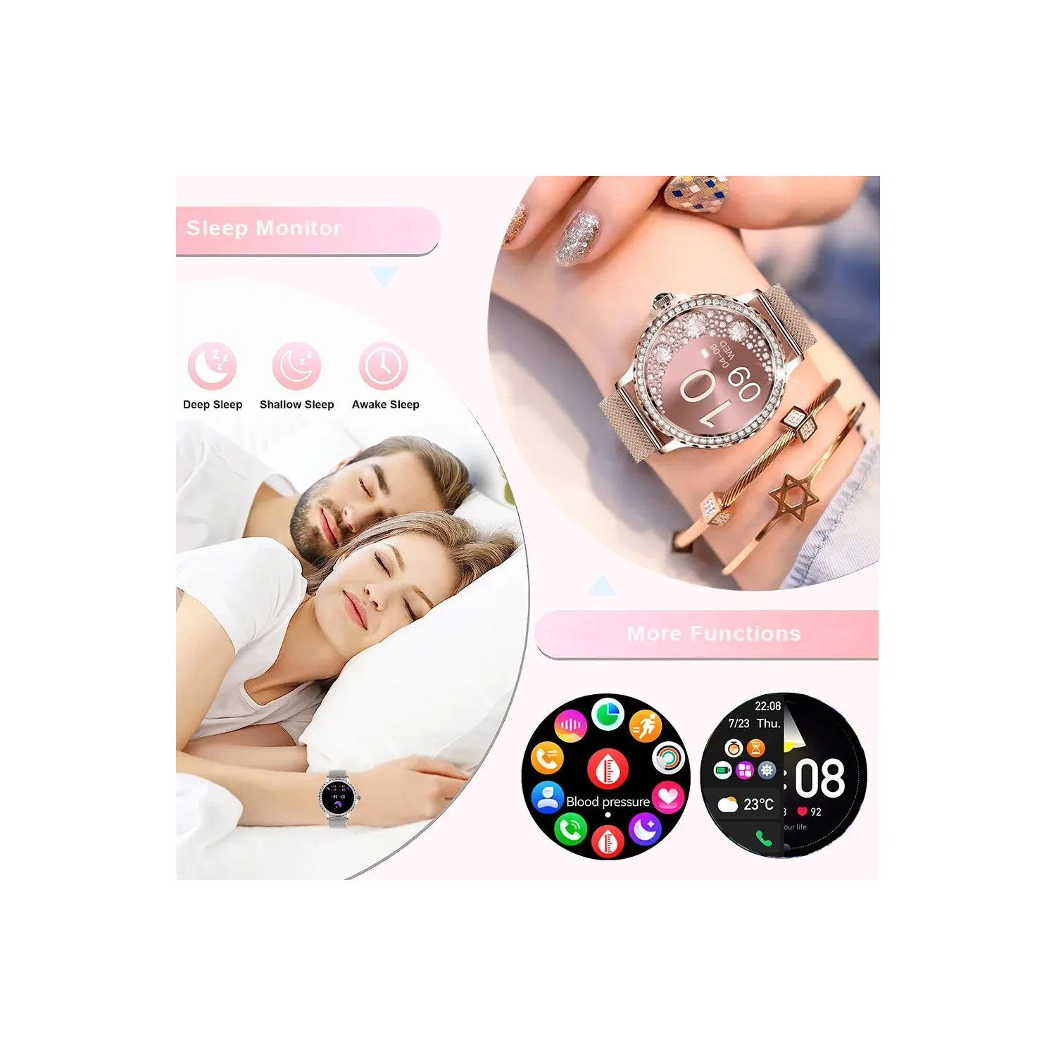 Montre intelligente pour Lady Bluetooth Call , Mode Sport Fitness Femme Montre intelligente , Motifs à faire soi-même pour iOS Android - Rose