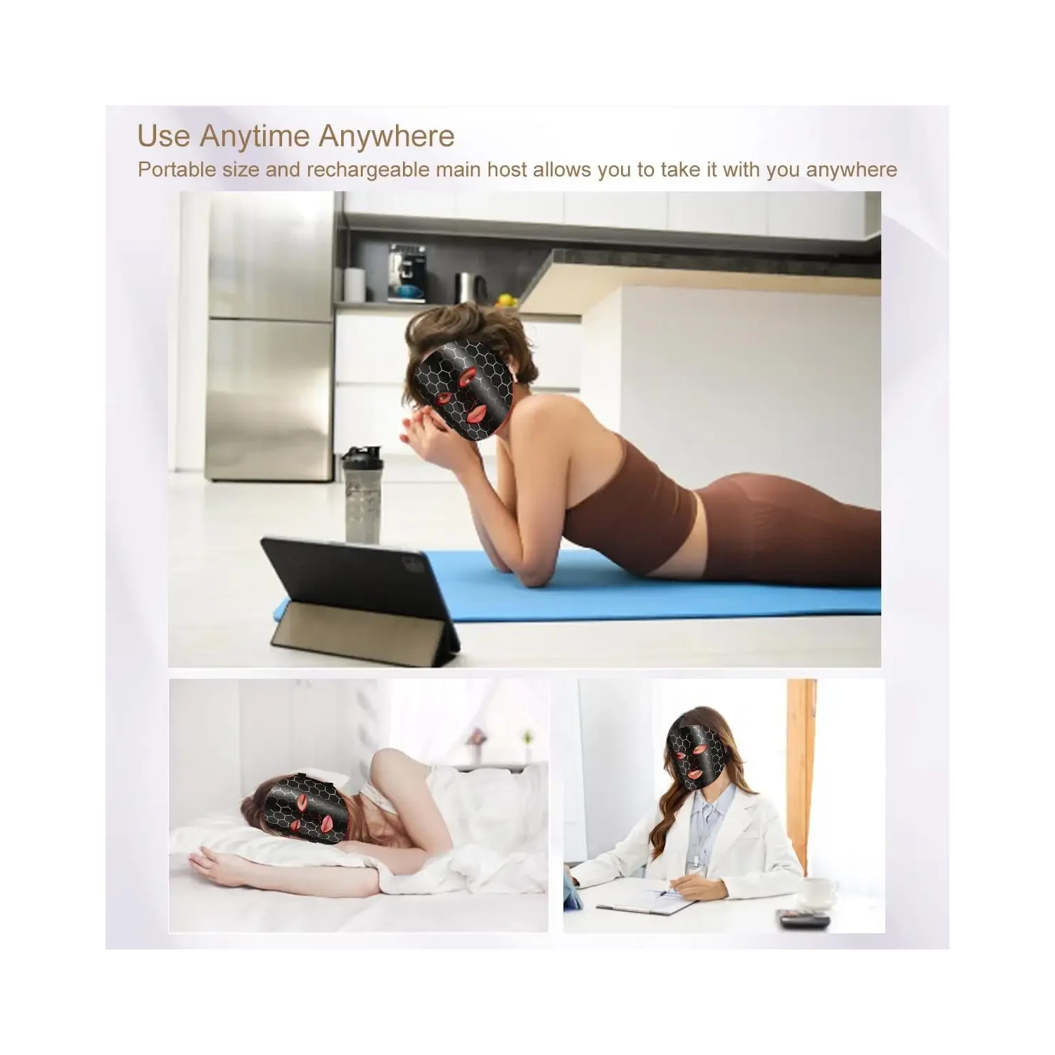 Masque thérapeutique à lumière rouge avec masque pour les yeux - 7 couleurs Beauté LED Masque pour soins faciaux à la maison - Noir