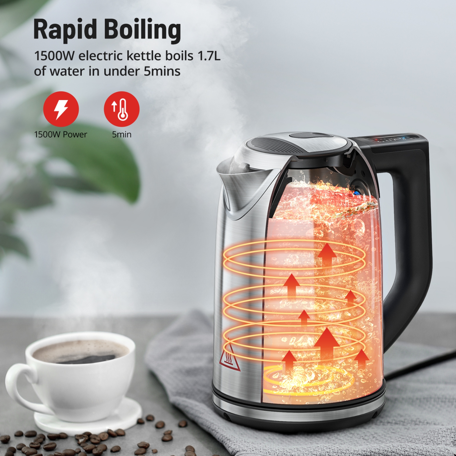 Electric Kettle Stainless Steel, Paris Rhône 1.7 Liter Cordless Hot Water Boiler Electric Tea Kettle