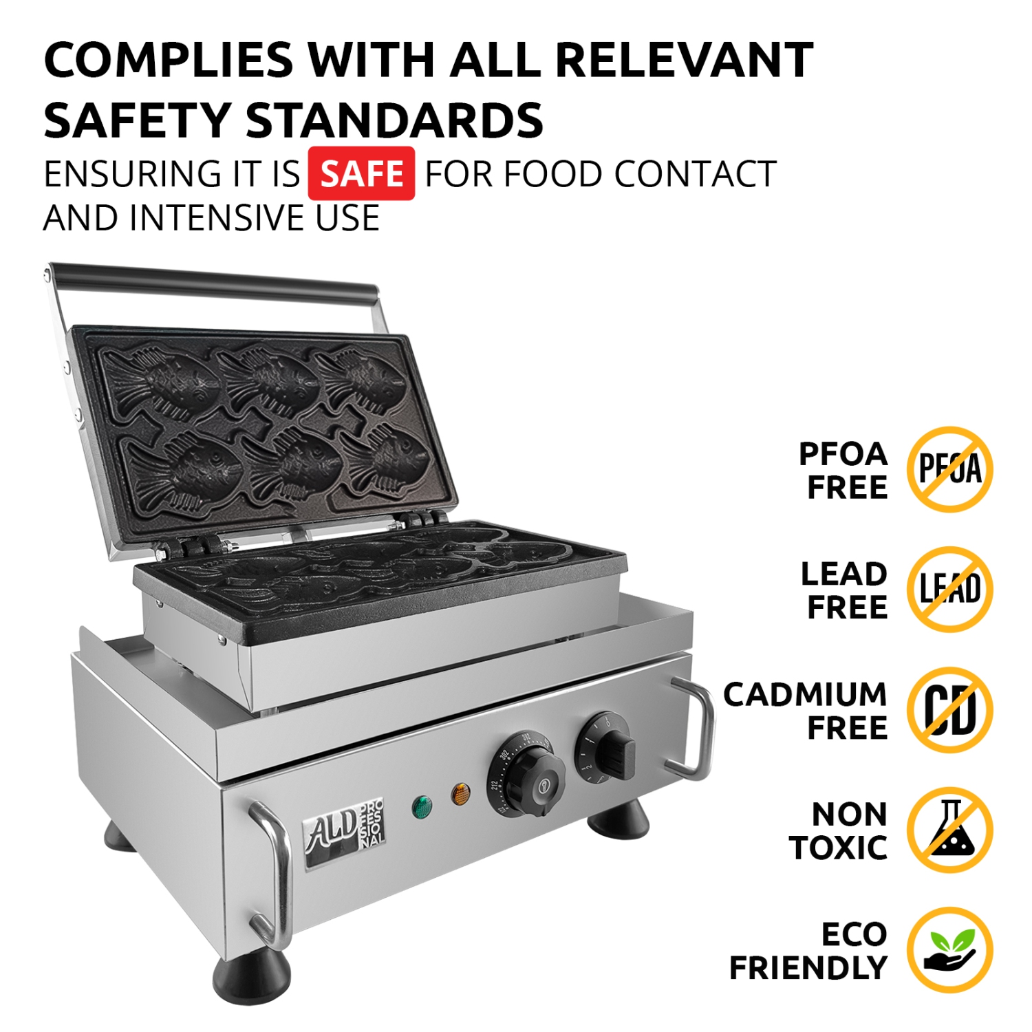 AP-536 Taiyaki Fish Waffle Maker | Fish Shaped Waffles Taiyaki Iron | Stainless Steel | 6 Small Fish Waffles | 110V