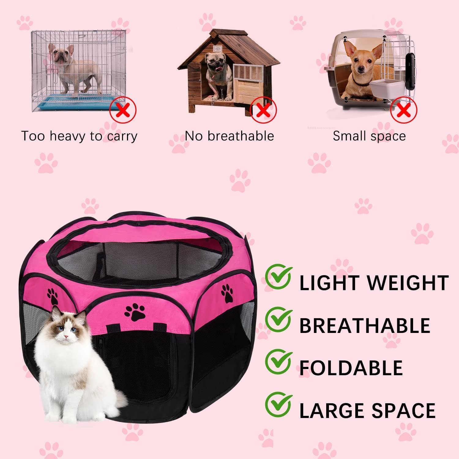 Portable Pet Playpen, Dog Playpen Foldable Pet Exercise Pen Tents Dog Kennel House Playground for Puppy Dog Yorkie Cat Bunny Indoor Outdoor Travel