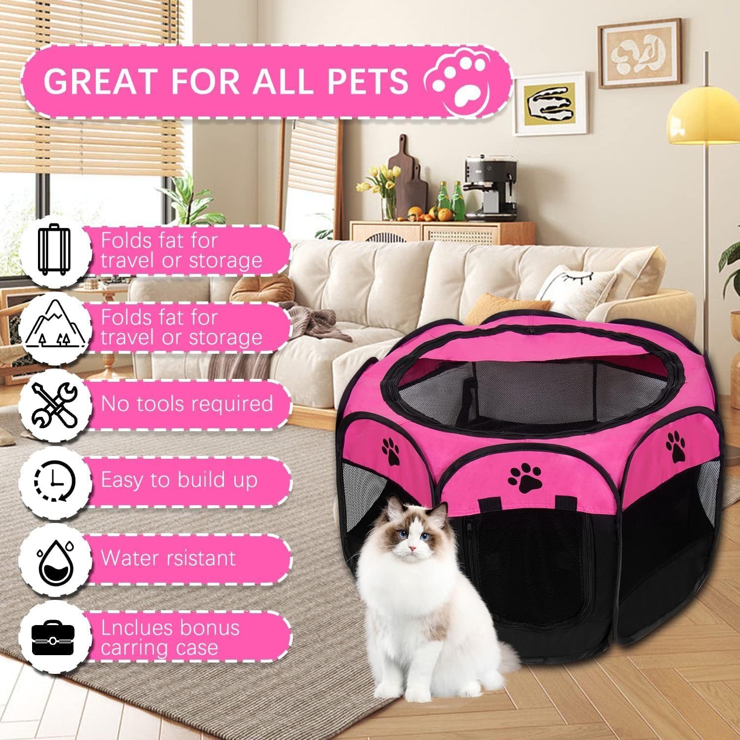 Portable Pet Playpen, Dog Playpen Foldable Pet Exercise Pen Tents Dog Kennel House Playground for Puppy Dog Yorkie Cat Bunny Indoor Outdoor Travel