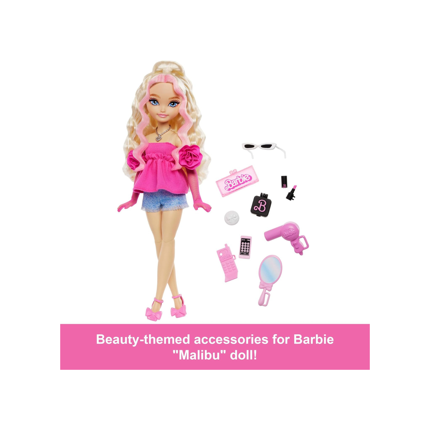 Barbie Dream Besties Doll & Accessories Playset, Barbie “Malibu” Posable Fashion Doll with Wavy Blonde Hair, 11 Makeup & Hair Themed Pieces