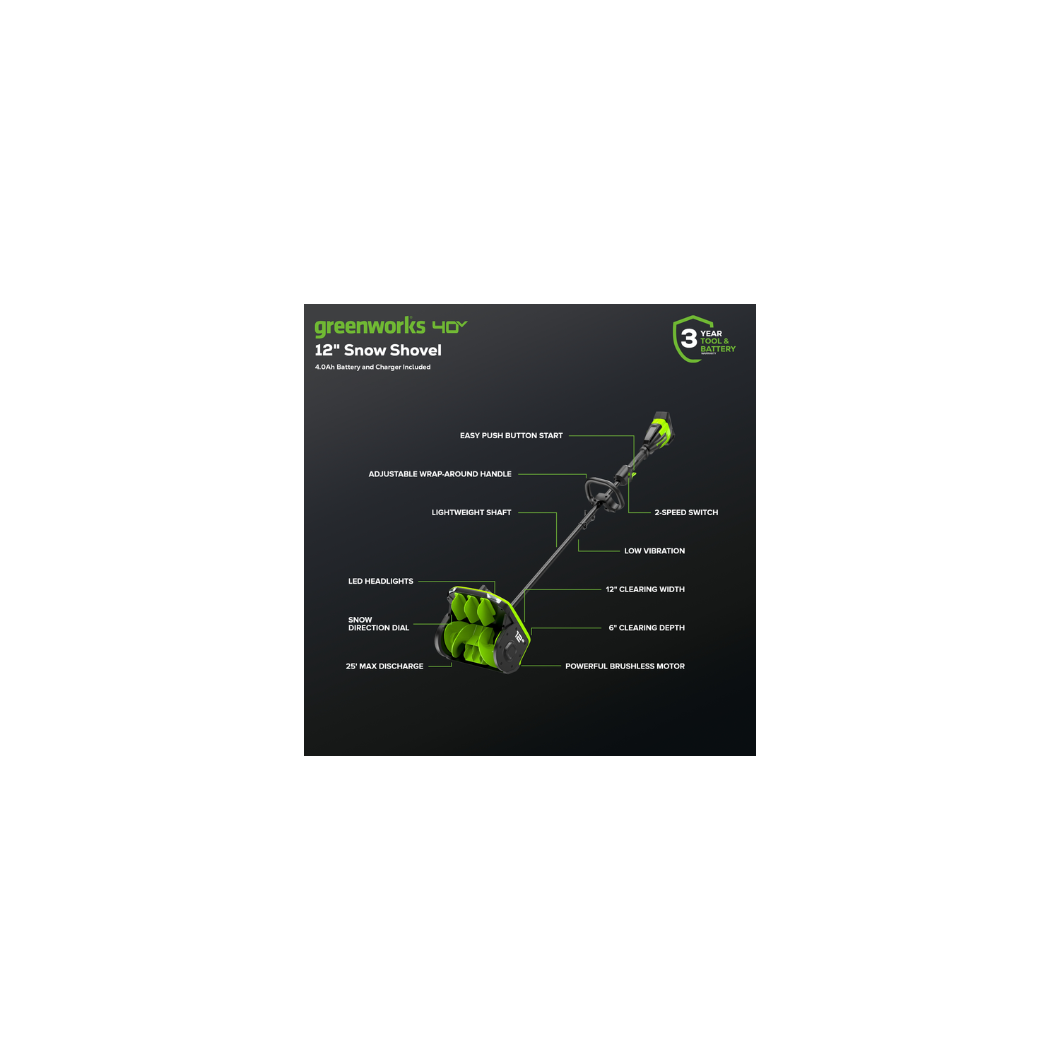 Greenworks 40V 12" Brushless Cordless Snow Shovel with Led Lights&Directional Vanes, Electric Snow Thrower Blower Removal Tool for Winter Storm,