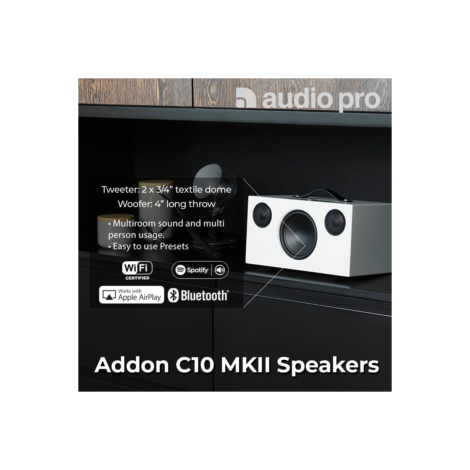 Audio Pro C10 MKII Haut-parleur sans fil supplémentaire&nbsp;: Son haute fidélité, Bluetooth, Wi-Fi, AirPlay 2, Chromecast, Spotify Connect,