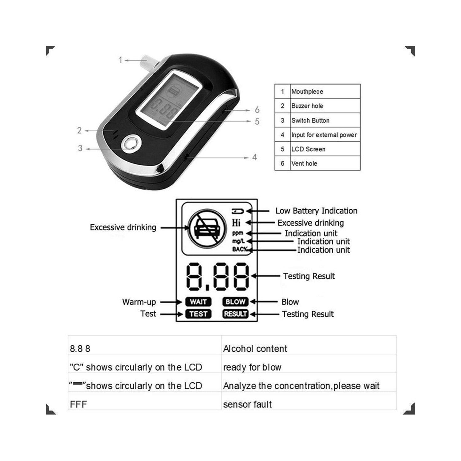 Testeur d'alcool, testeur d'alcool LCD avec 5 porte-cigarettes, analyseur d'alcool portatif rechargeable par USB