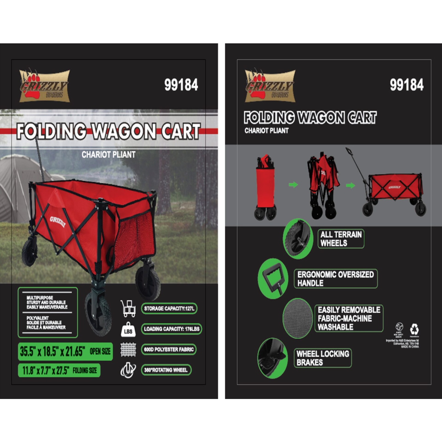 Grizzly Outdoors Camping/Outdoor Activities/Home & Garden – Folding Cart 127L – 176LB Capacity – 3 Colors to Choose from – Black