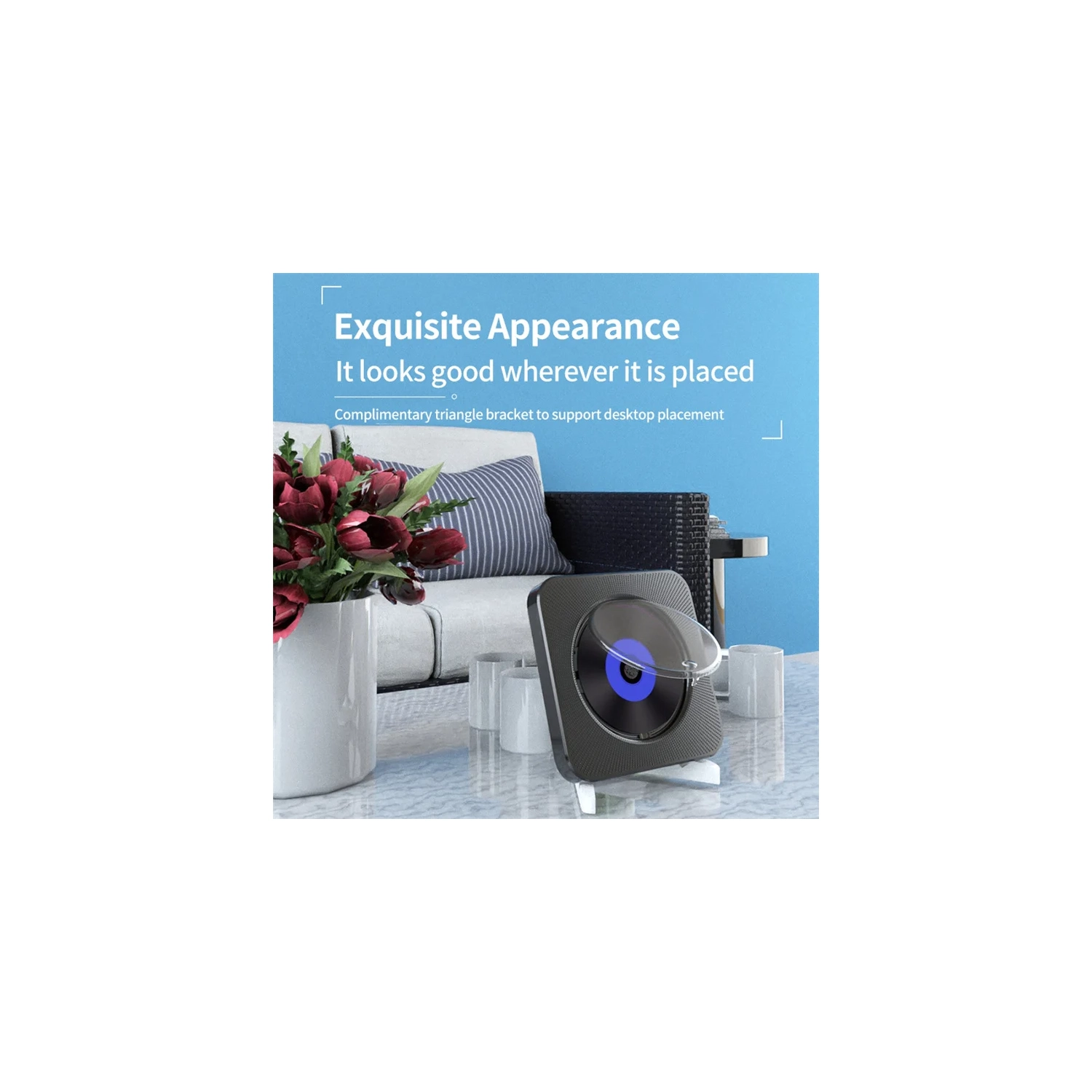 Portable Wall Mounted CD Player with Bluetooth, Home Audio Boombox with Remote Control, FM Radio, LCD Display- White