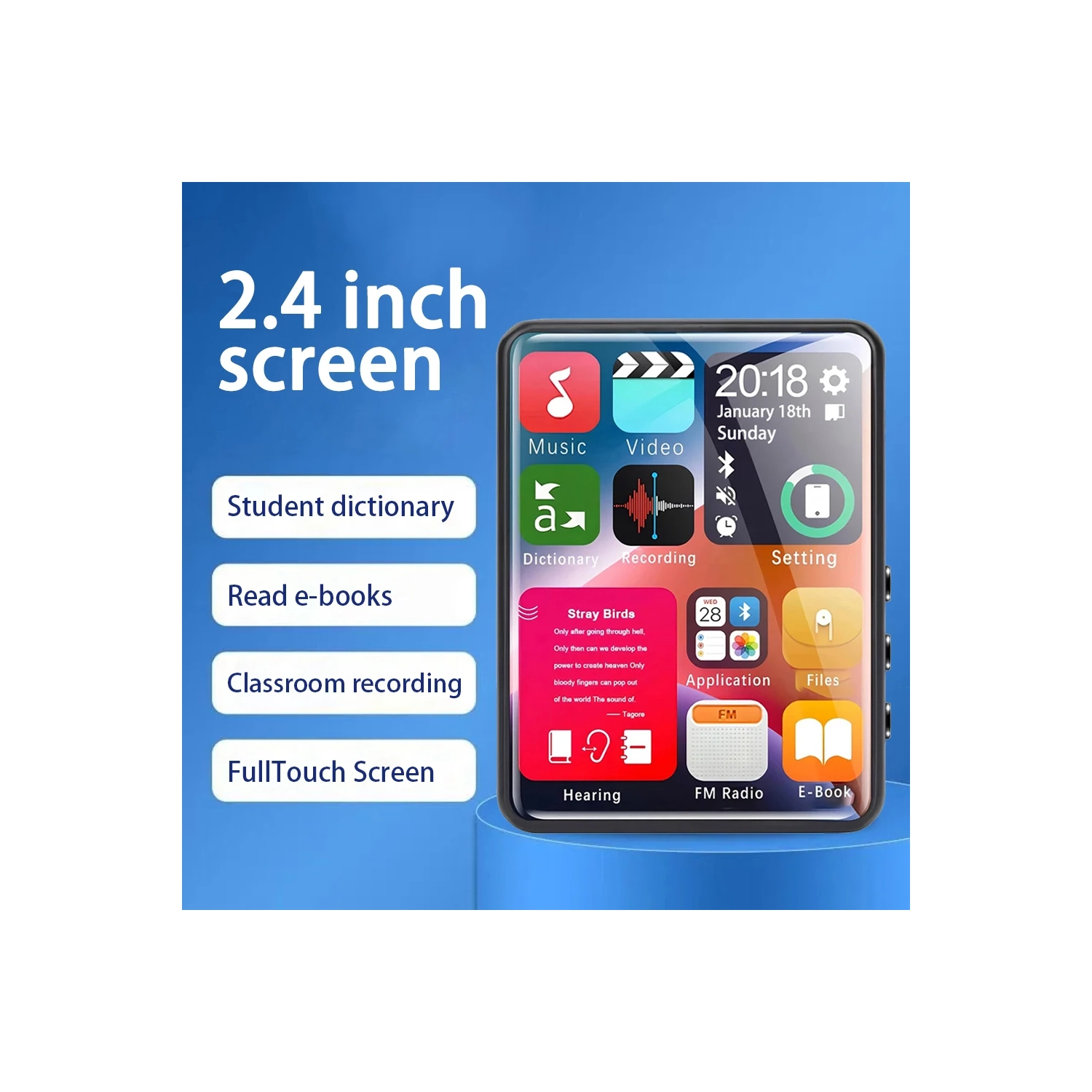 2.4-inch full-screen touchscreen MP3 player, mini Mp4 player with Bluetooth, 4 GB,HD, FM radio- Black