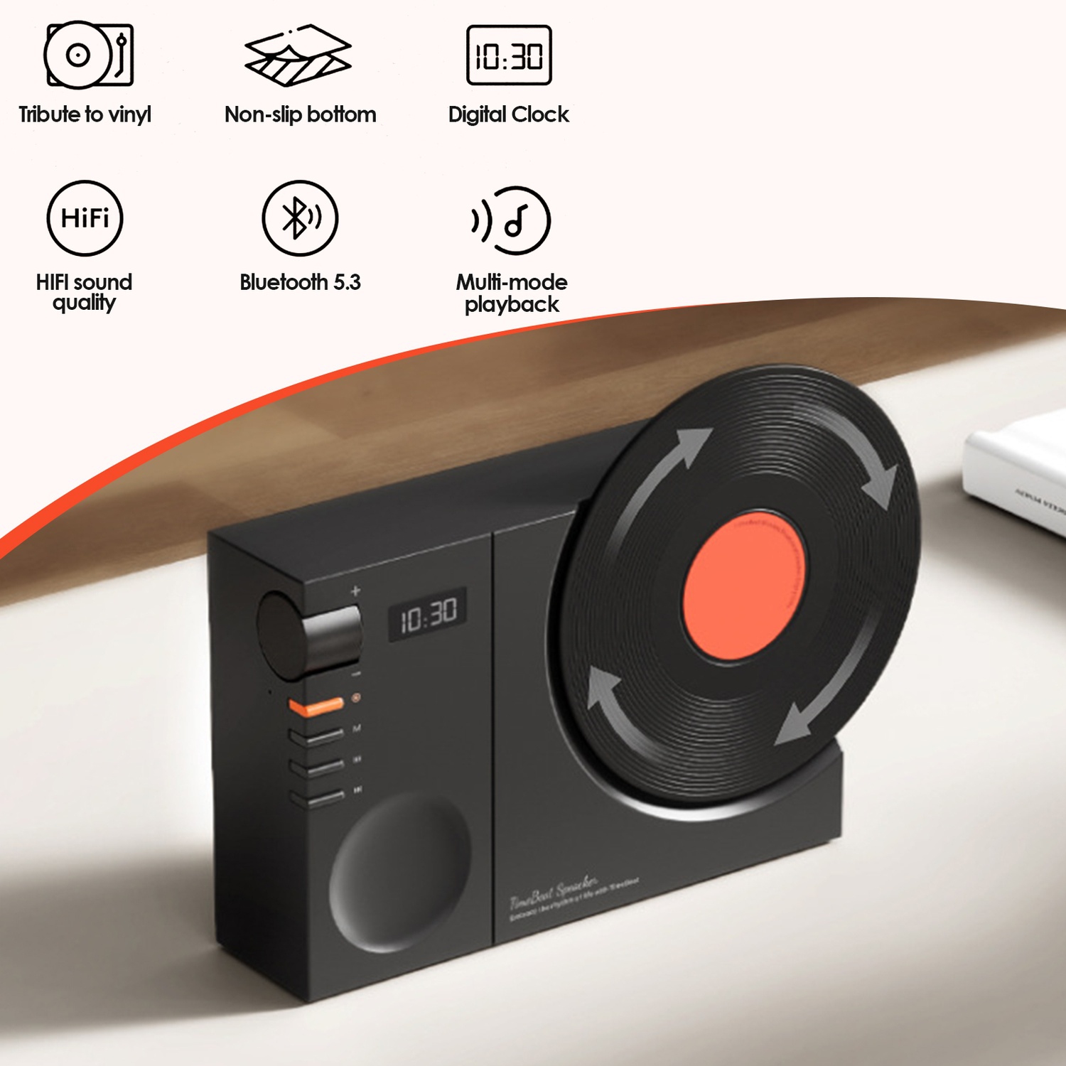 Retro Vinyl Record Player Style Bluetooth Speaker, Bass Enhancement Loud Volume Portable Speaker with Clock,for Office Home Decor Gifts- Black