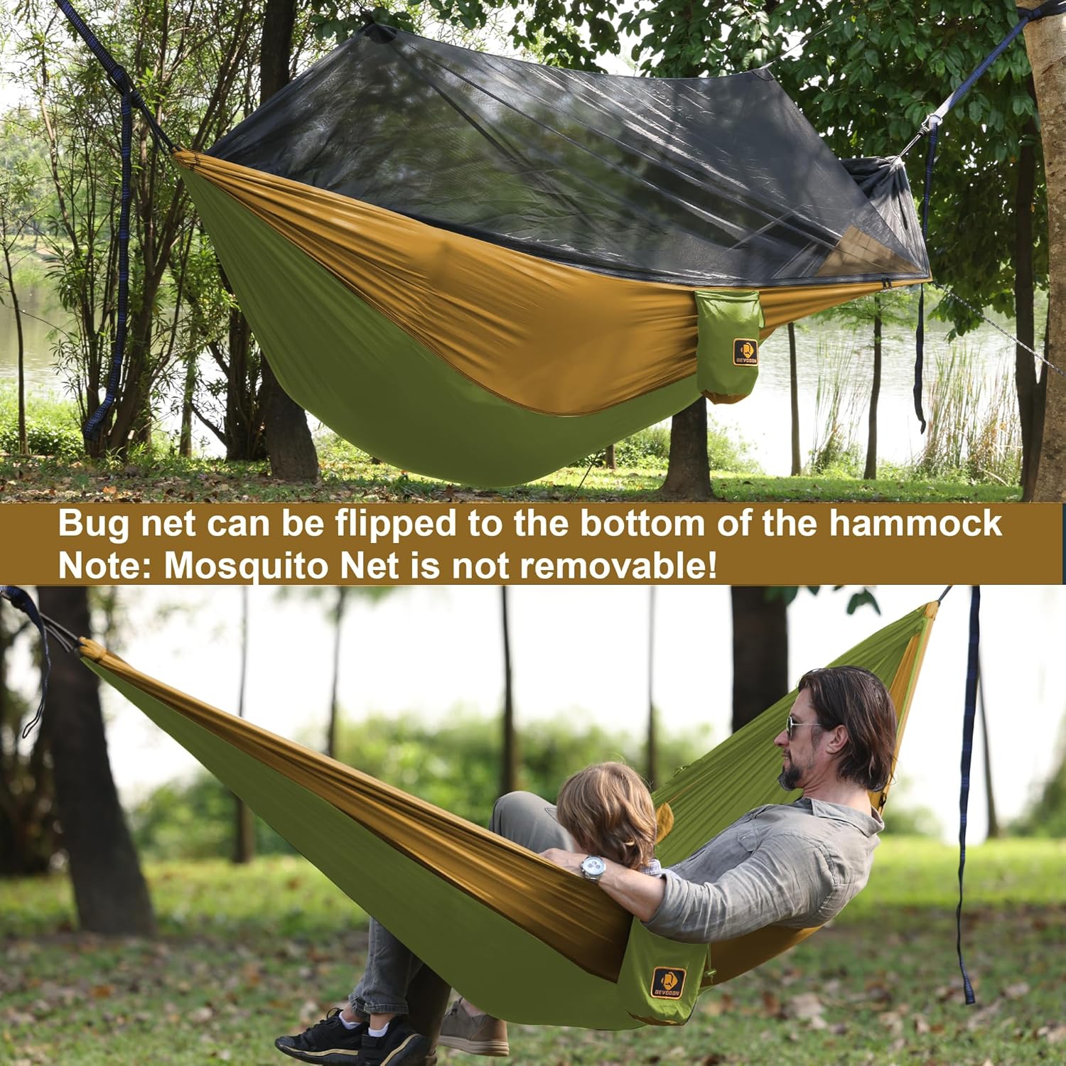 Camping Hammock with Net,Travel Portable Lightweight Hammocks with Tree Straps,Parachute Nylon Hammock for Camping Backpacking Beach Hiking, Green &