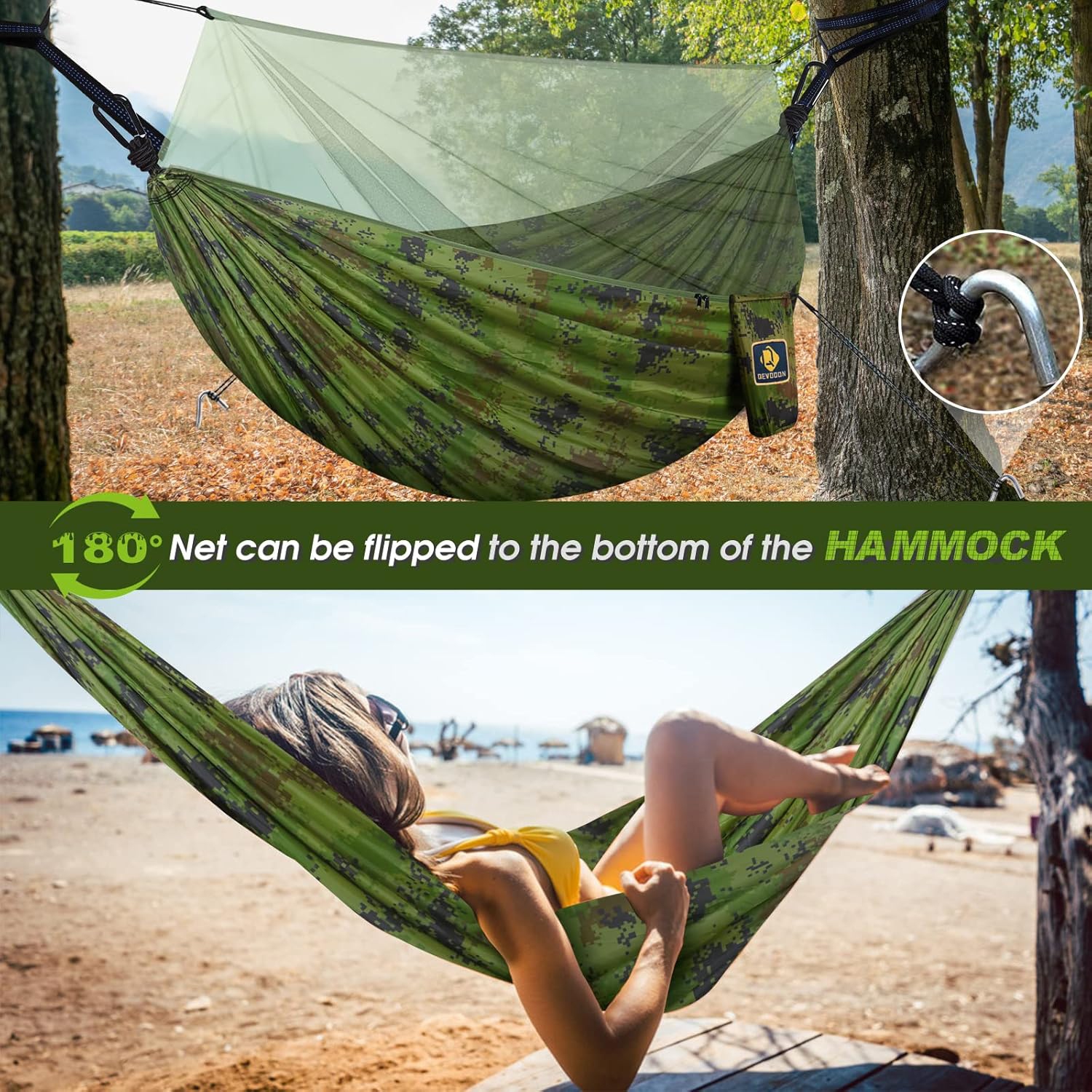 Camping Hammock with Net,Travel Portable Lightweight Hammocks with Tree Straps,Parachute Nylon Hammock for Camping Backpacking Beach Hiking,