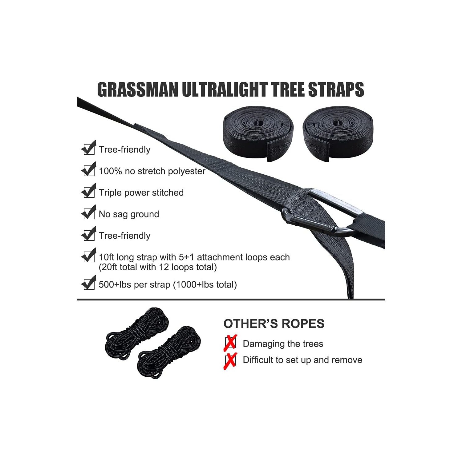 Camping Hammock Double & Single Portable Hammock with Tree Straps, Lightweight Nylon Parachute Hammocks for Camping, Backpacking, Hiking, Beach,Black