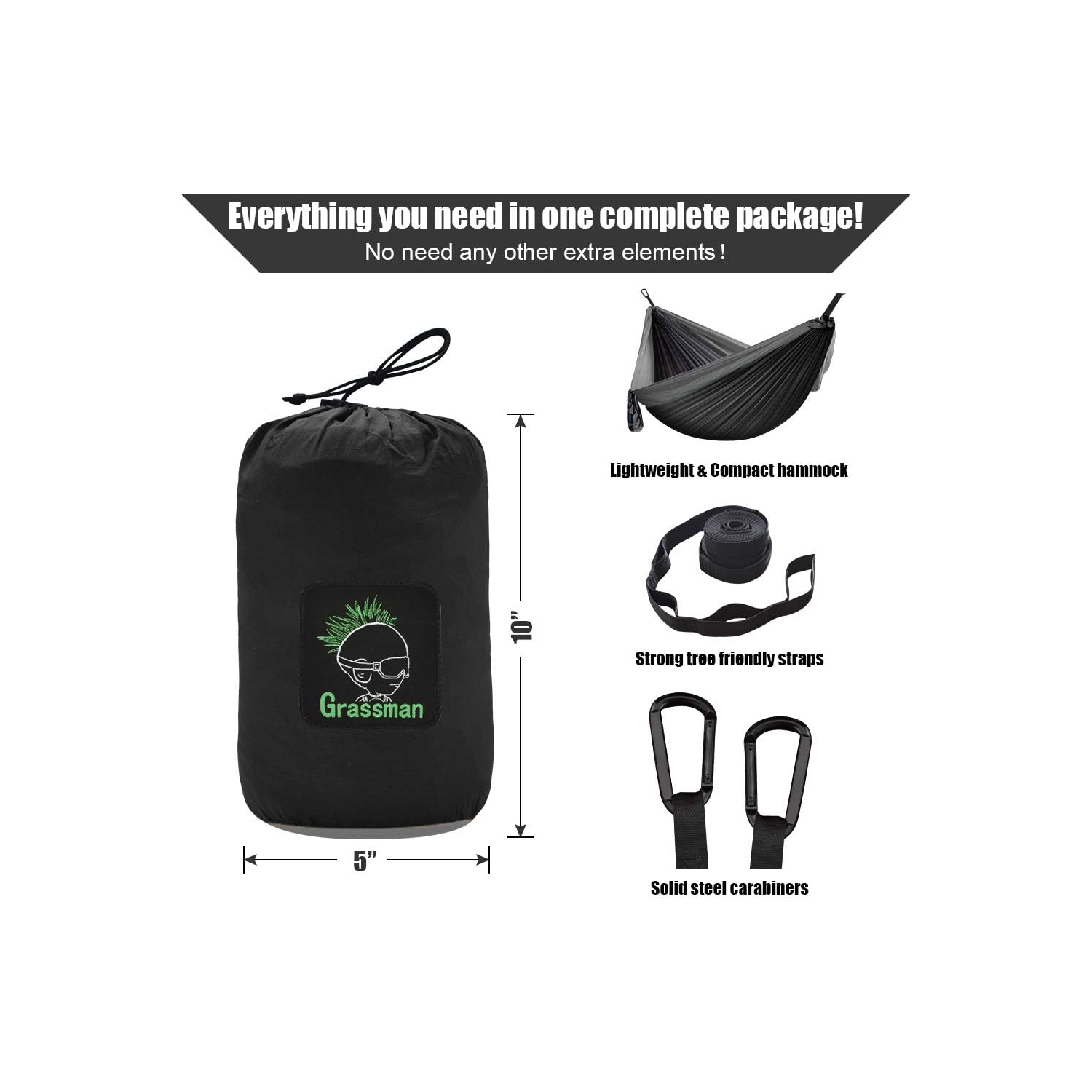 Camping Hammock Double & Single Portable Hammock with Tree Straps, Lightweight Nylon Parachute Hammocks for Camping, Backpacking, Hiking, Beach,Black