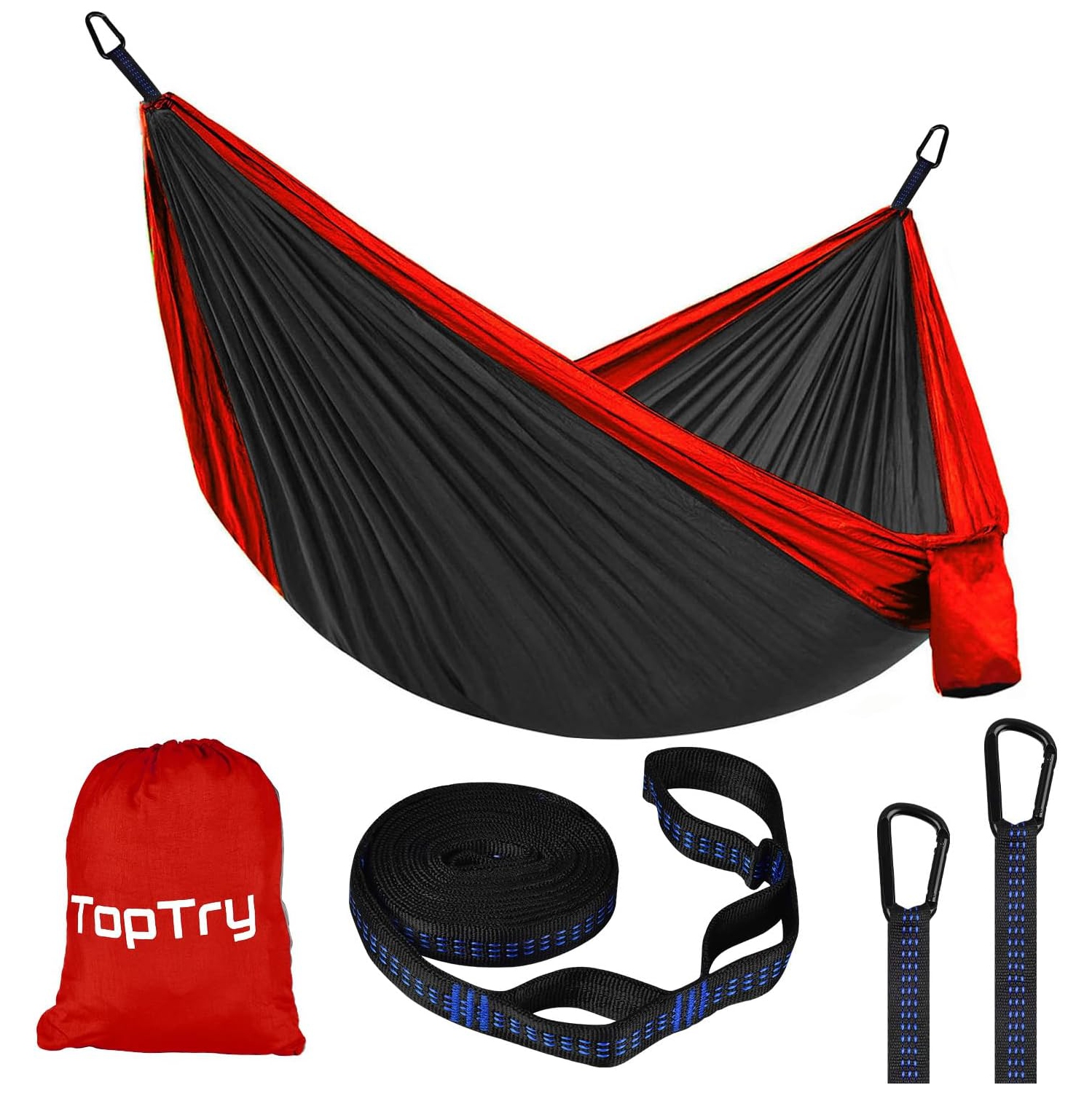 Single Double Camping Hammock with Tree Straps,Portable Nylon Hammock for Camping, Backpacking, Outdoors, Beach,Garden,Black&red,X-Large(78''W*118L)