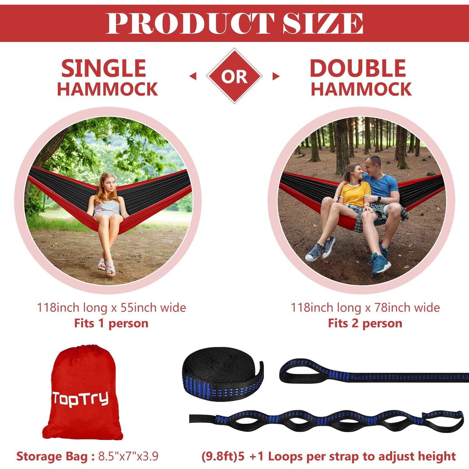Single Double Camping Hammock with Tree Straps,Portable Nylon Hammock for Camping, Backpacking, Outdoors, Beach,Garden,Black&red,X-Large(78''W*118L)
