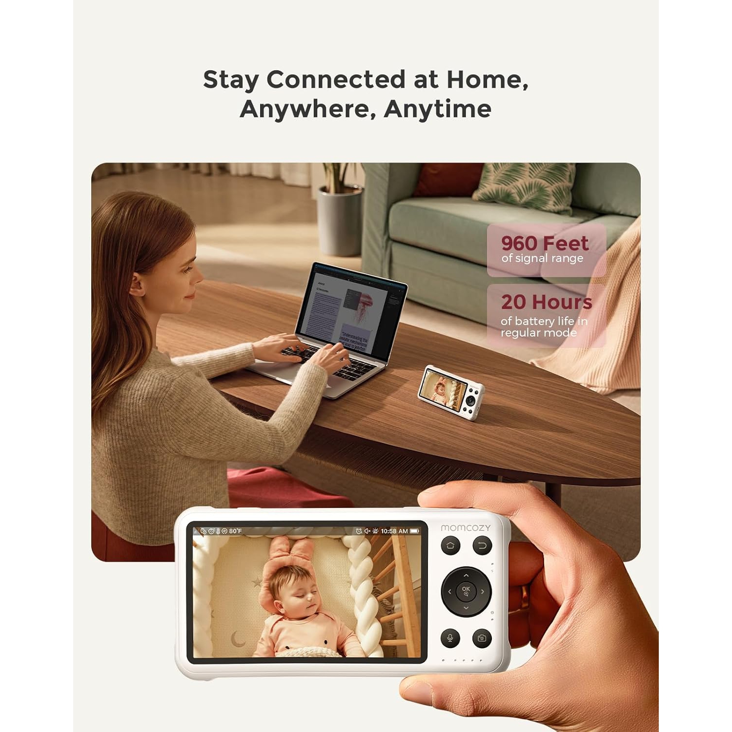 Momcozy Smart WiFi Baby Monitor with Camera and Audio, 5" 1080P Screen with Wall Mount, Motion & Cry Detection, Safe Fence, Clear Night Vision,