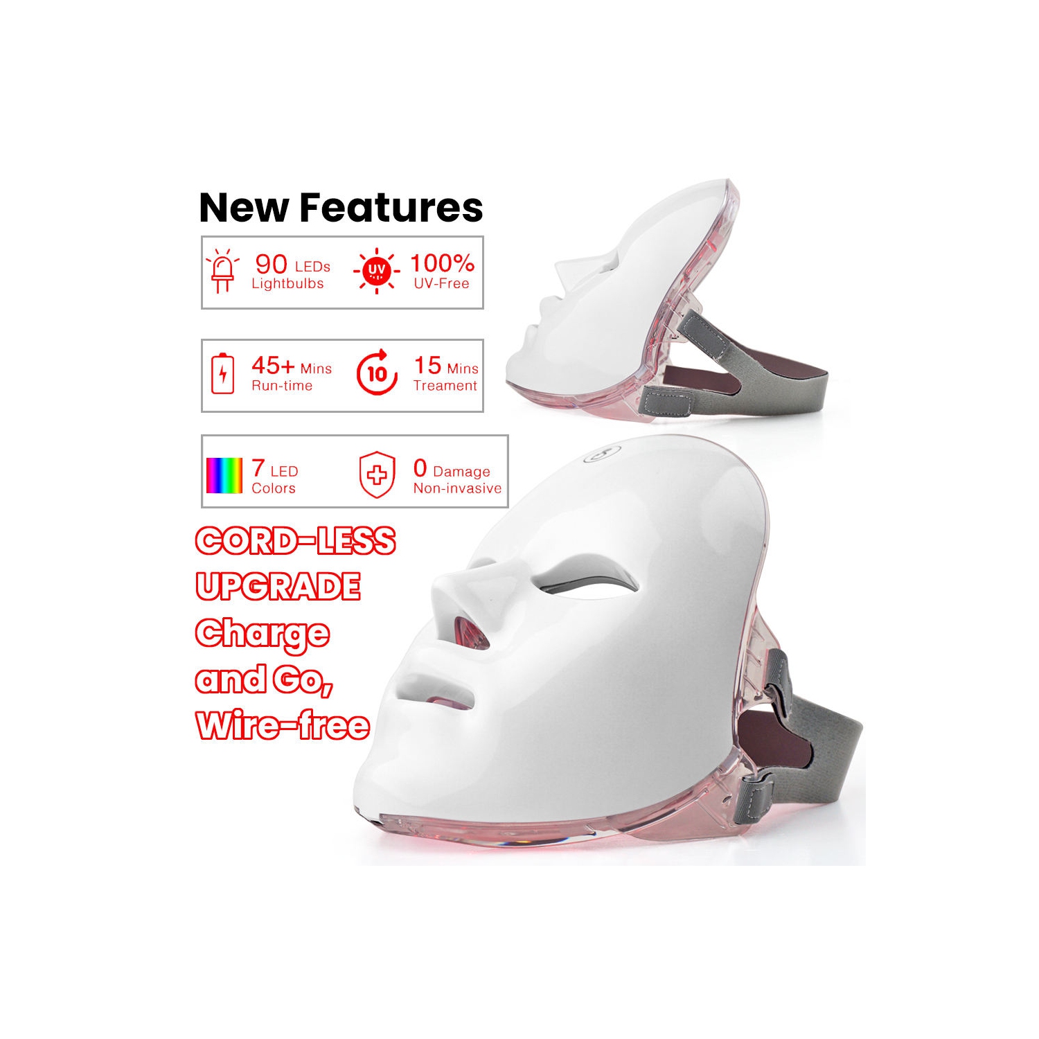 Masque thérapeutique à lumière rouge pour le visage,Masque léger 7 couleurs,Masque facial LED usage domestique,Masque facial portatif rechargeable