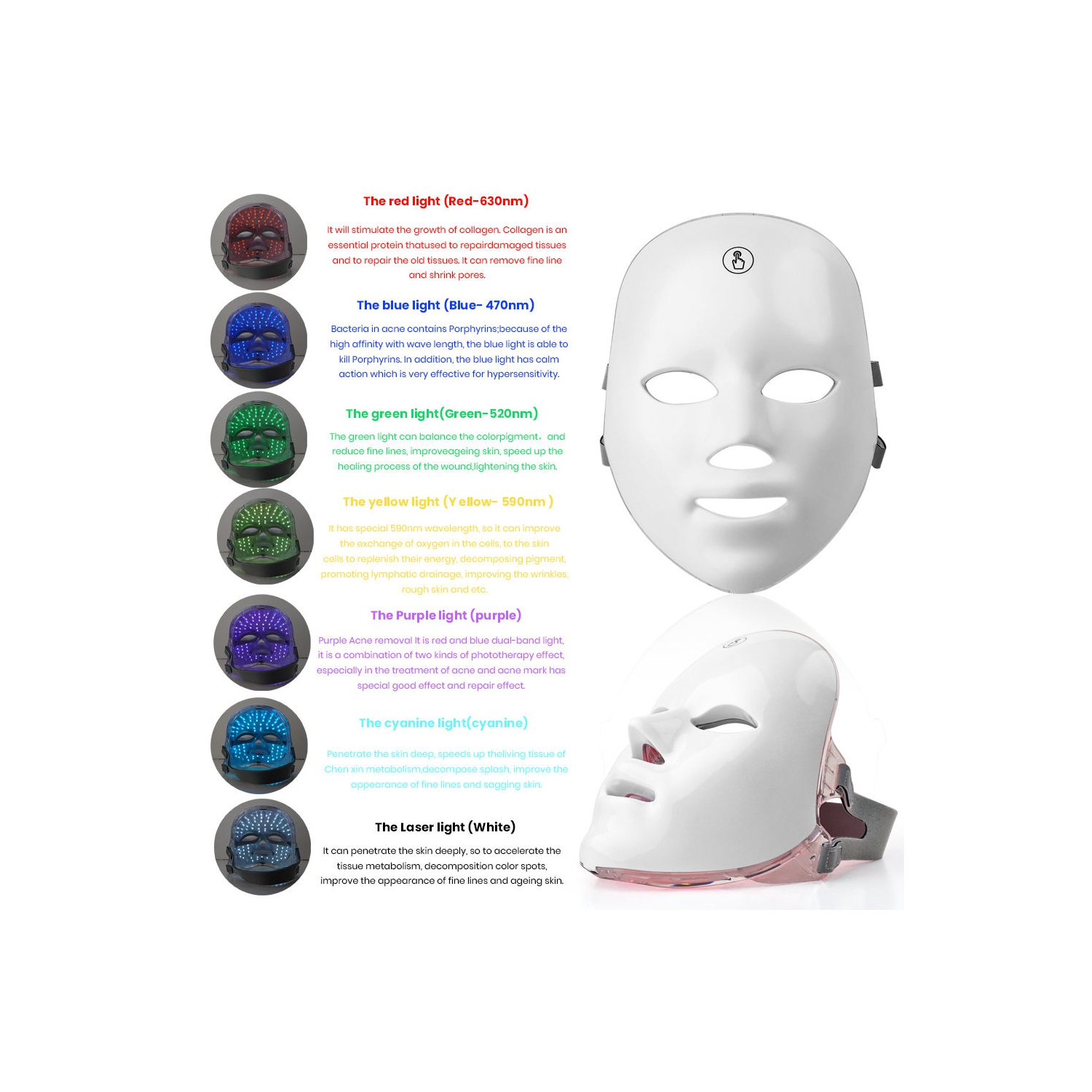 Masque thérapeutique à lumière rouge pour le visage,Masque léger 7 couleurs,Masque facial LED usage domestique,Masque facial portatif rechargeable