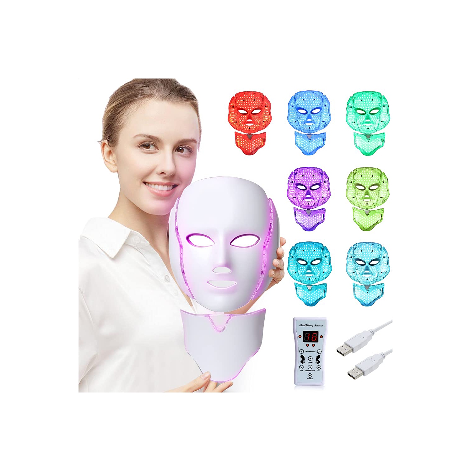 LED Light Therapy Face Mask 7-Color Skin Rejuvenation Therapy Photon Mask Facial Skin Care-White