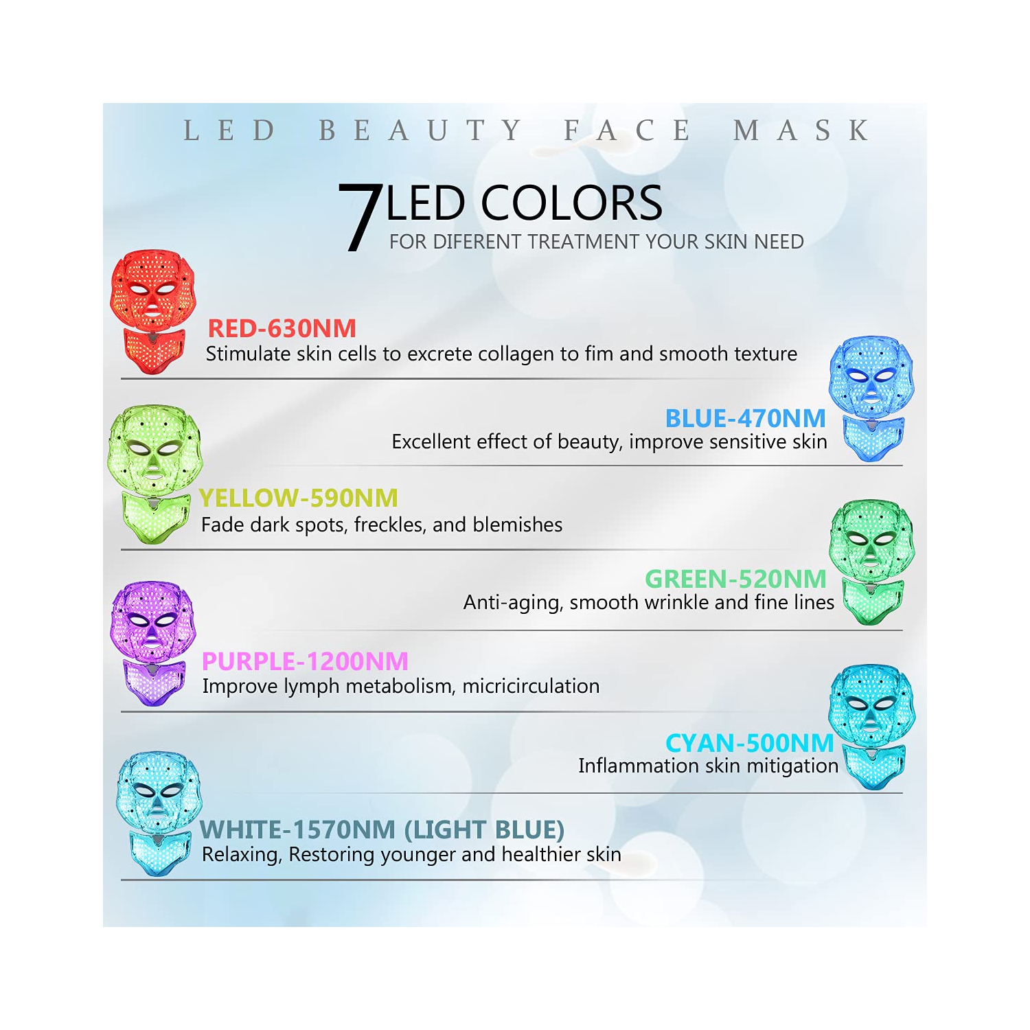 LED Light Therapy Face Mask 7-Color Skin Rejuvenation Therapy Photon Mask Facial Skin Care-White