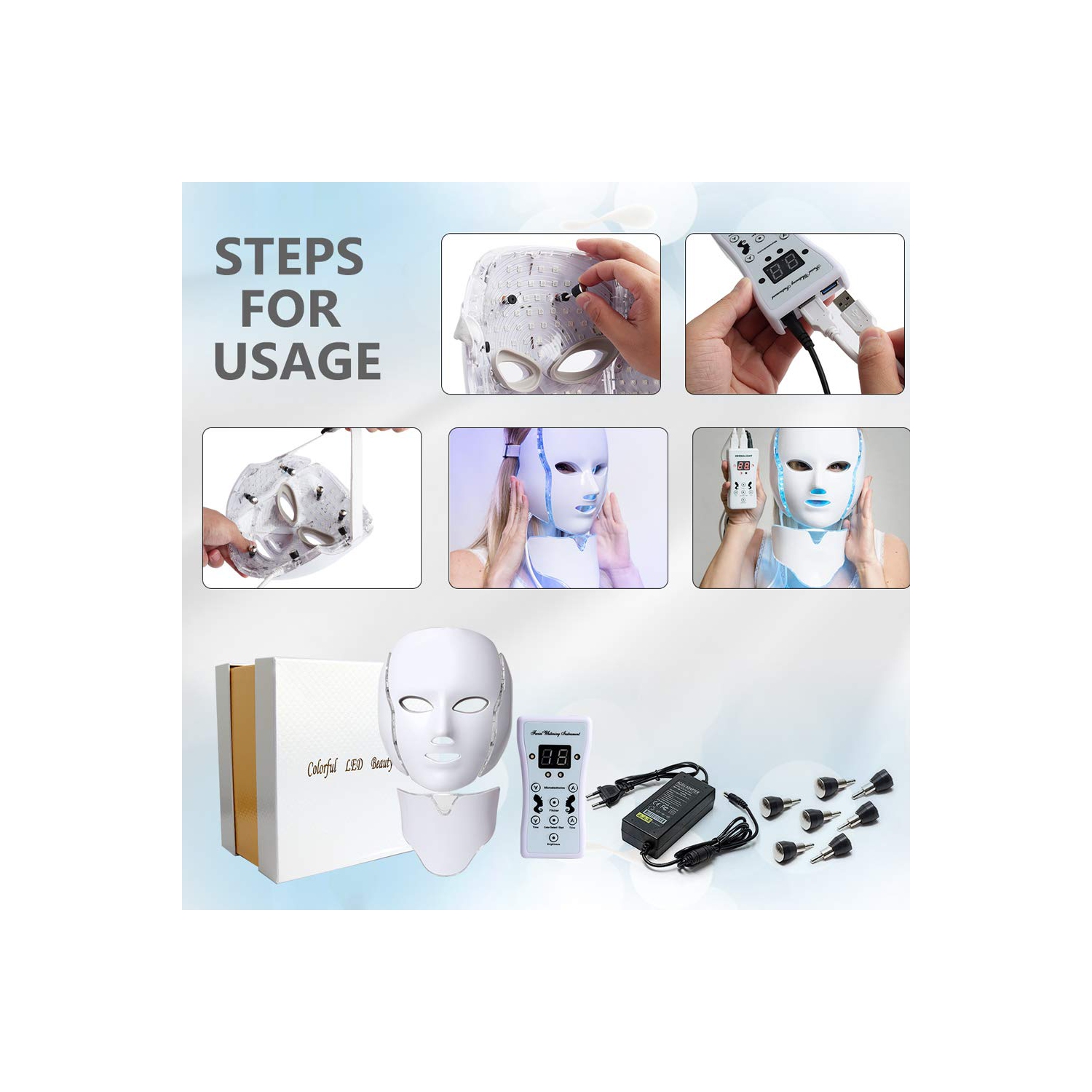 LED Light Therapy Face Mask 7-Color Skin Rejuvenation Therapy Photon Mask Facial Skin Care-White