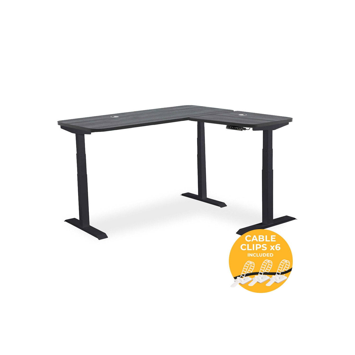 MotionGrey L Shape-Triple Motors Standing Desk with Memory Settings-71"x65" Black Oak Top Black Frame-Adjustable Sit-Stand Computer Table for Home,