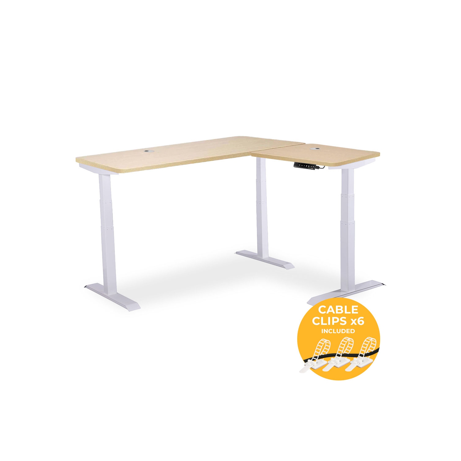 MotionGrey L Shape-Triple Motors Standing Desk with Memory Settings-71"x65" Oak Brown Top White Frame-Adjustable Sit-Stand Computer Table for Home,