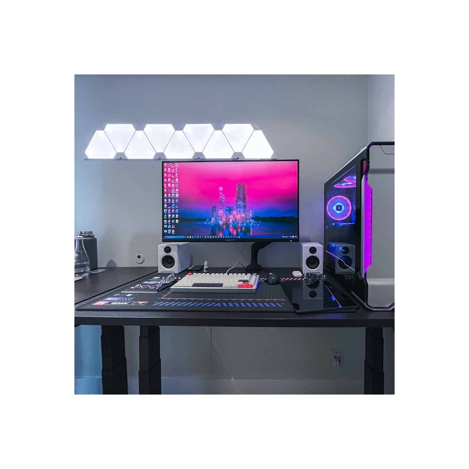 MotionGrey L Shape-Triple Motors Standing Desk with Memory Settings-71"x65" Oak Brown Top White Frame-Adjustable Sit-Stand Computer Table for Home,