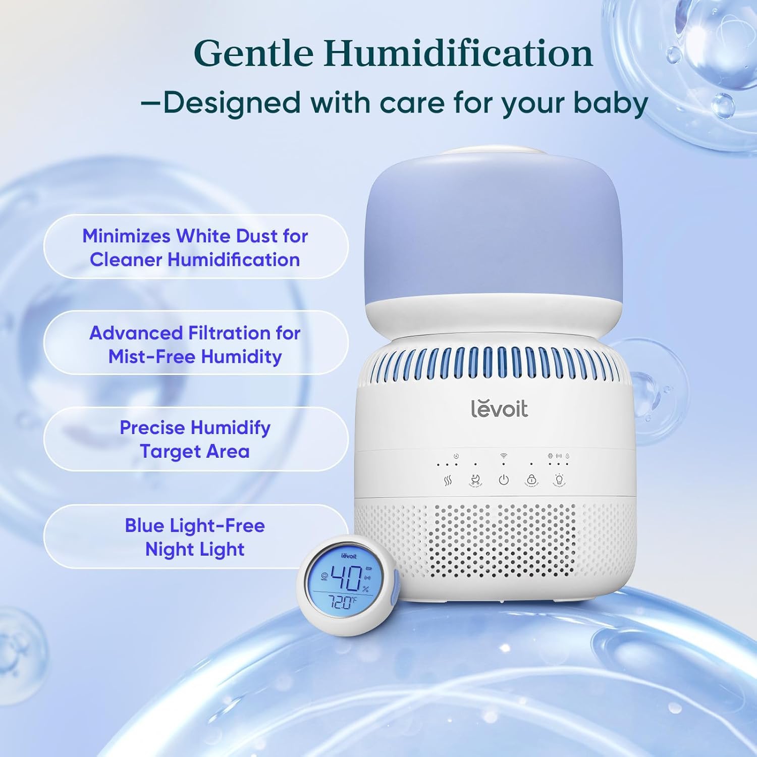 LEVOIT Humidifiers for Bedroom Baby, Sprout Evaporative with Dual Filters Air & Water, Separate Sensor, No Blue Nightlight, Auto Dry, Smart Control &