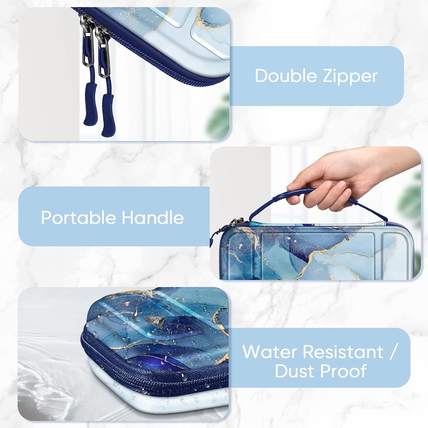 Carrying Case for Switch & OLED, Cute Travel Bag in Pretty Pattern Design of Pink Interior with an Adjustable Shoulder Strap, Ocean Marble