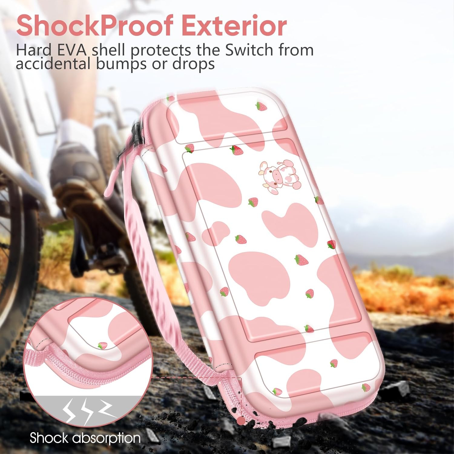 Carrying Case for Switch & OLED, Cute Travel Bag in Pretty Pattern Design of Pink Interior with an Adjustable Shoulder Strap, Strawberry Cow