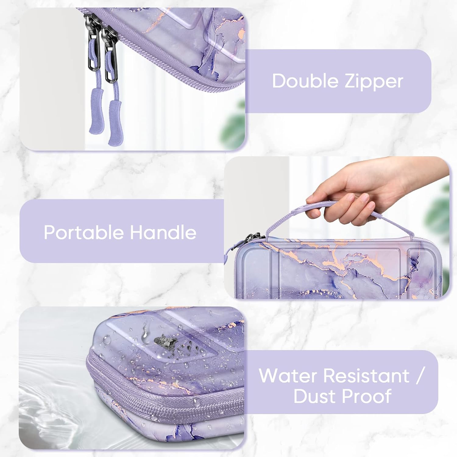 Carrying Case for Switch & OLED, Cute Travel Bag in Pretty Pattern Design of Pink Interior with an Adjustable Shoulder Strap, Lilac Marble
