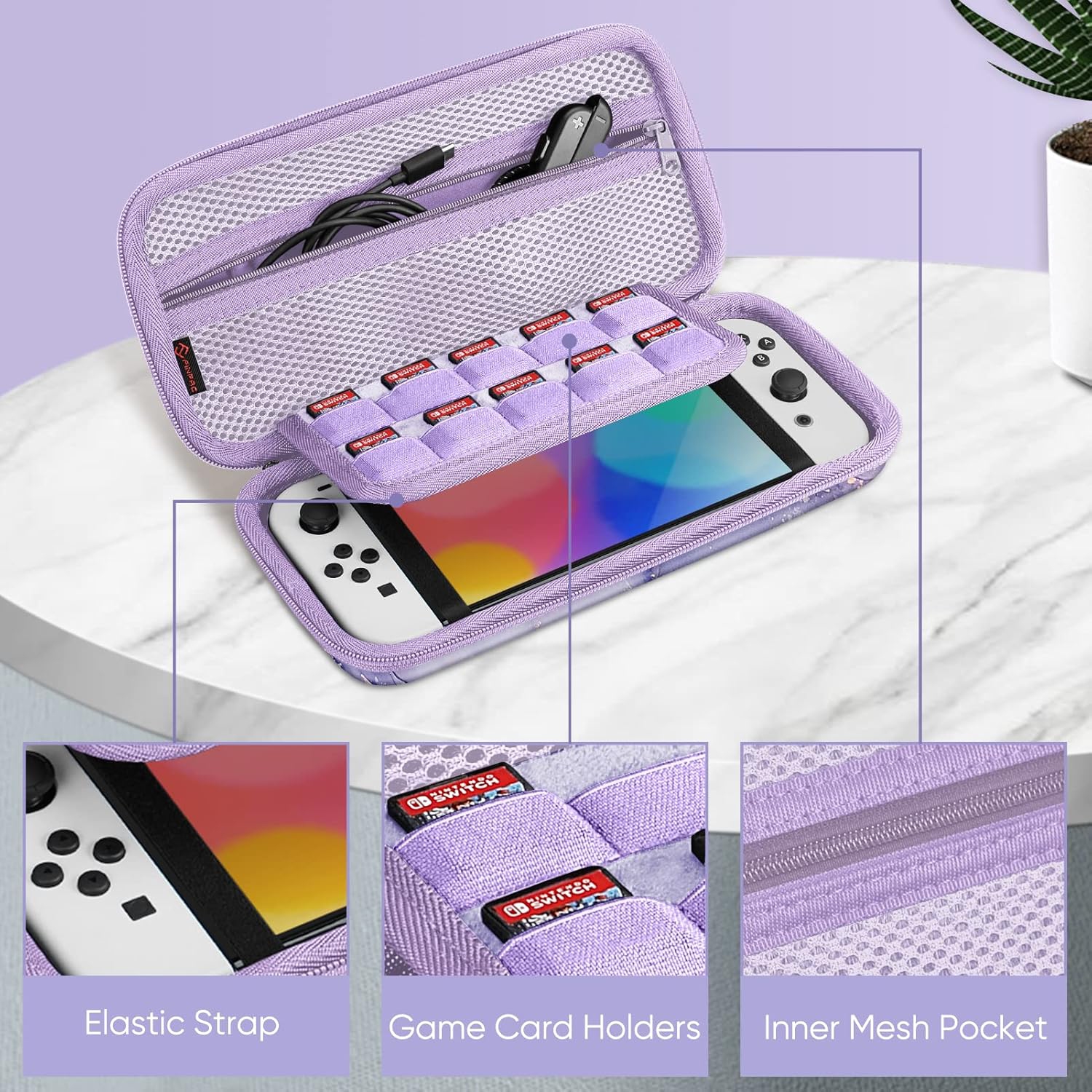 Carrying Case for Switch & OLED, Cute Travel Bag in Pretty Pattern Design of Pink Interior with an Adjustable Shoulder Strap, Lilac Marble