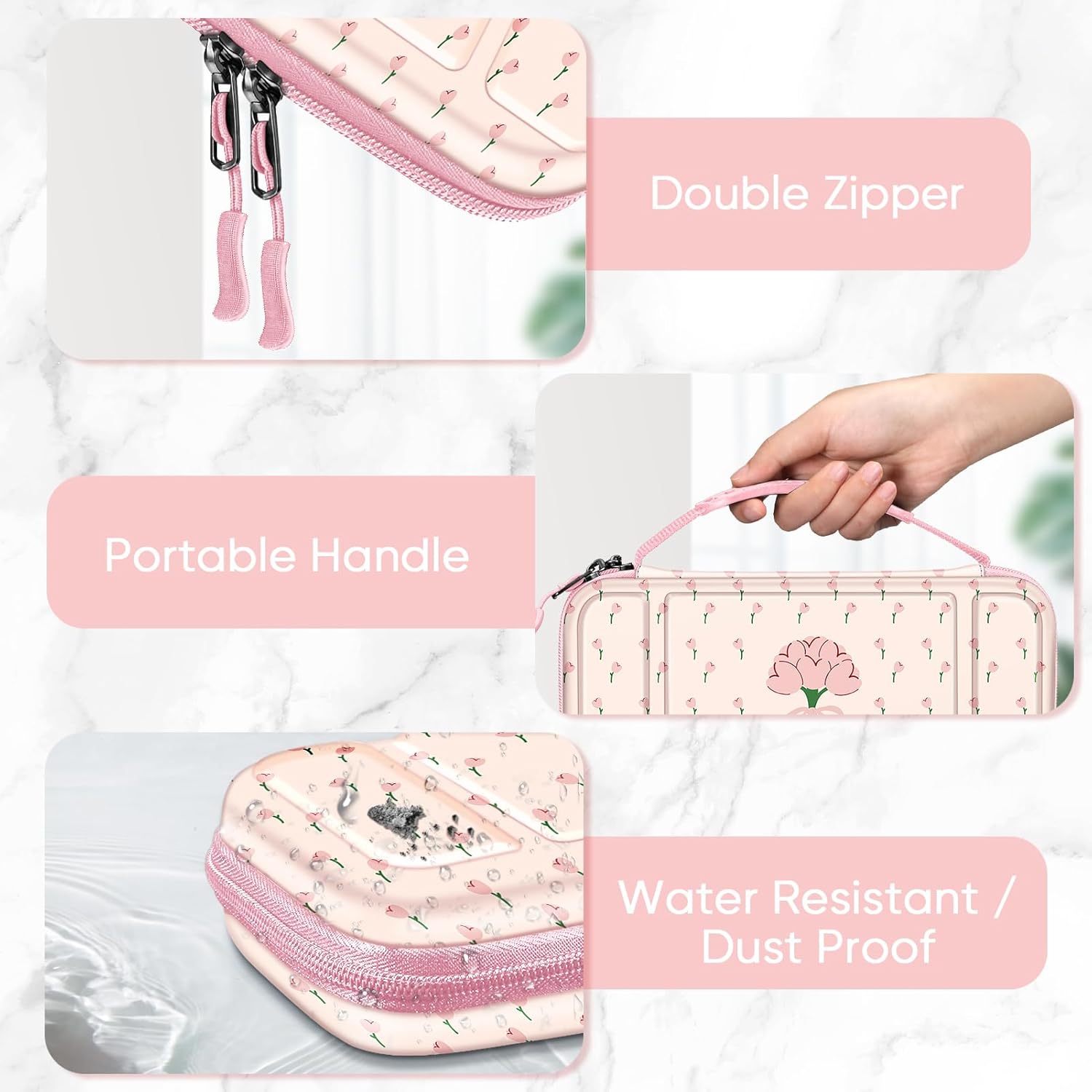 Étui de transport pour Switch & OLED, sac de voyage mignon à motif rose intérieur avec bandoulière réglable, Tulipes coquette
