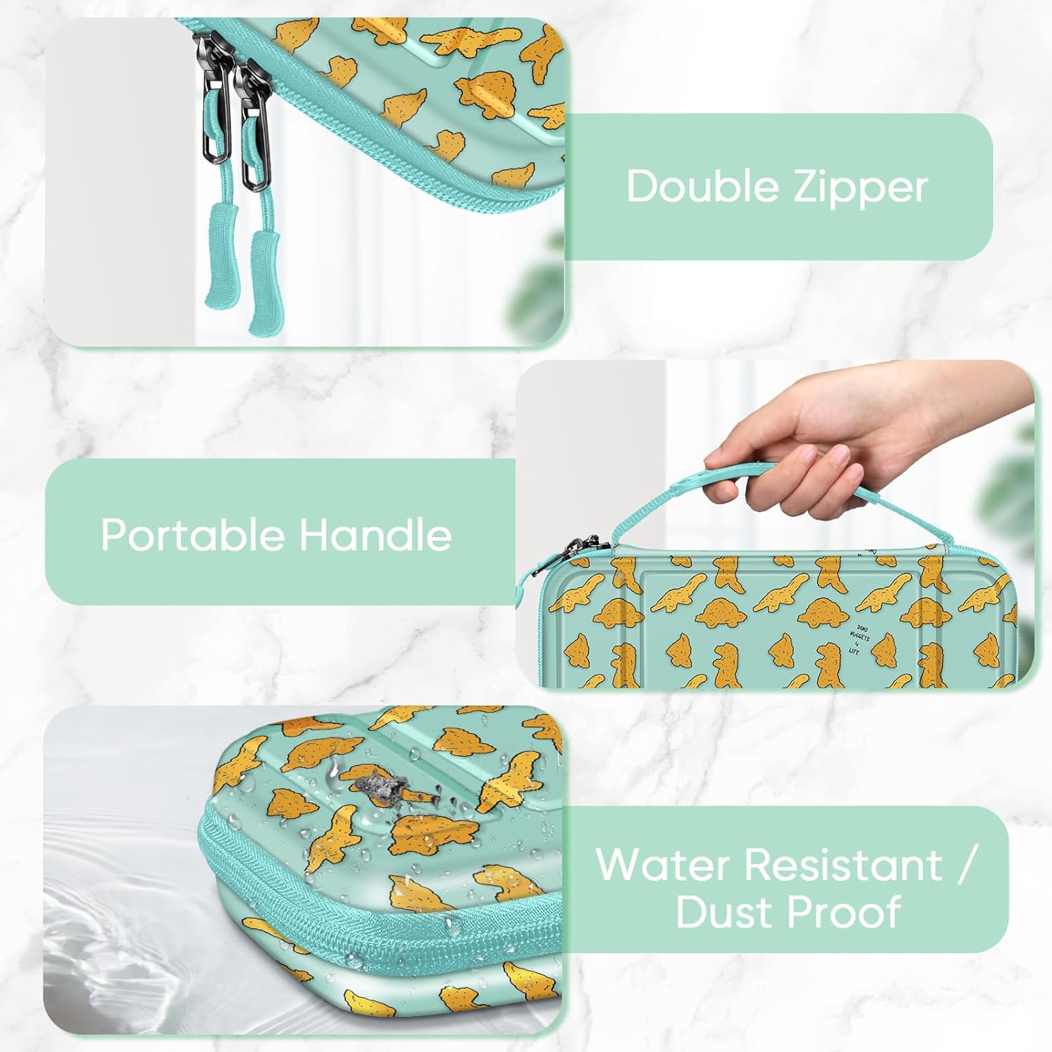 Carrying Case for Switch & OLED, Cute Travel Bag in Pretty Pattern Design of Pink Interior with an Adjustable Shoulder Strap, Dino Nuggets