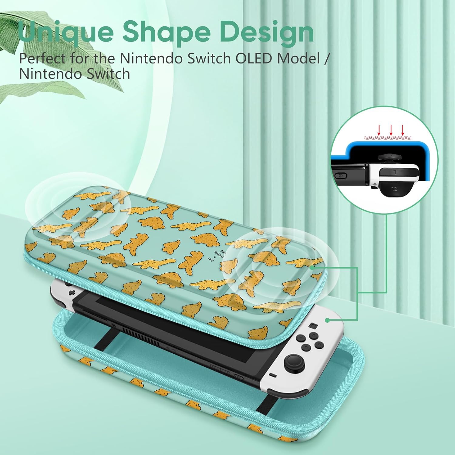 Carrying Case for Switch & OLED, Cute Travel Bag in Pretty Pattern Design of Pink Interior with an Adjustable Shoulder Strap, Dino Nuggets