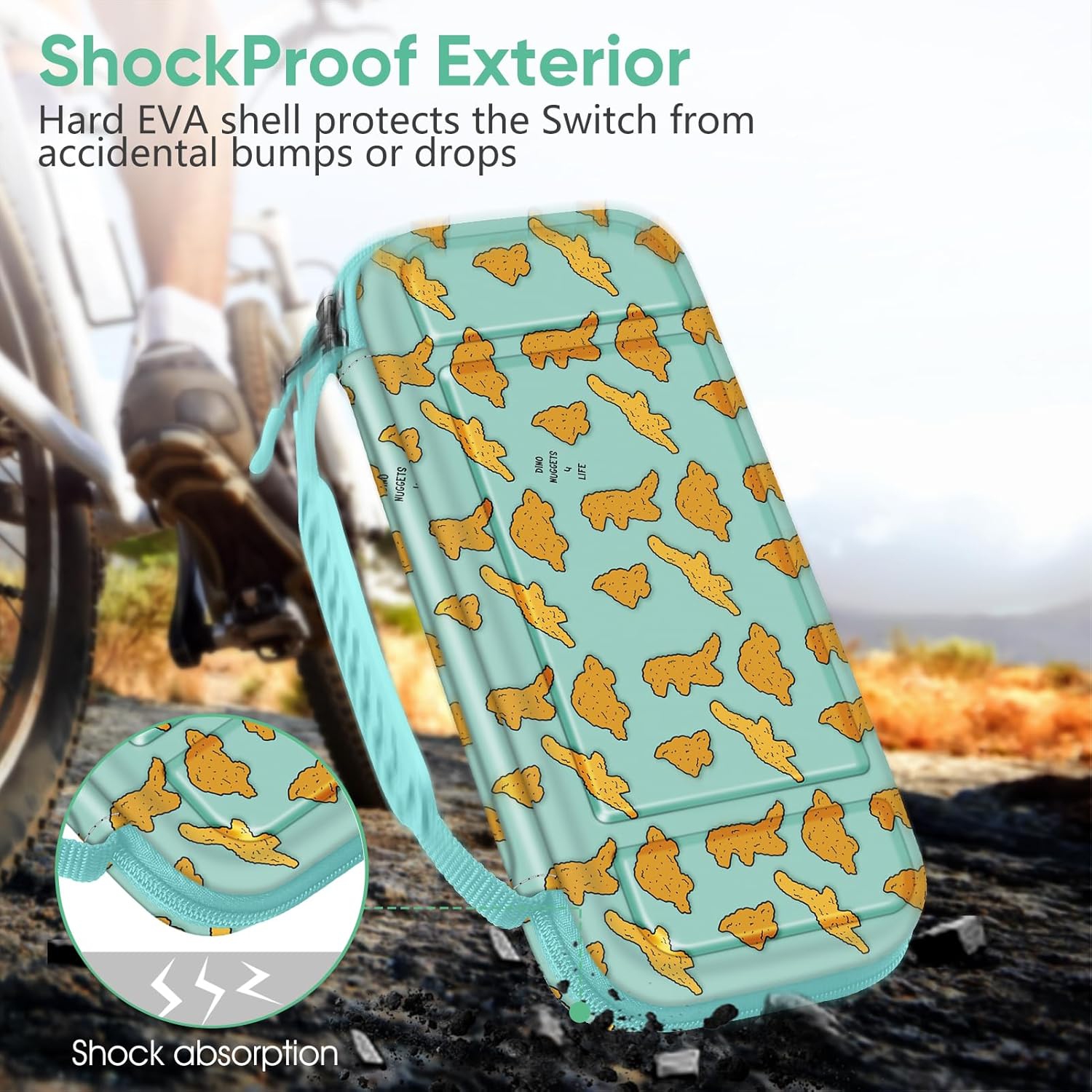 Carrying Case for Switch & OLED, Cute Travel Bag in Pretty Pattern Design of Pink Interior with an Adjustable Shoulder Strap, Dino Nuggets