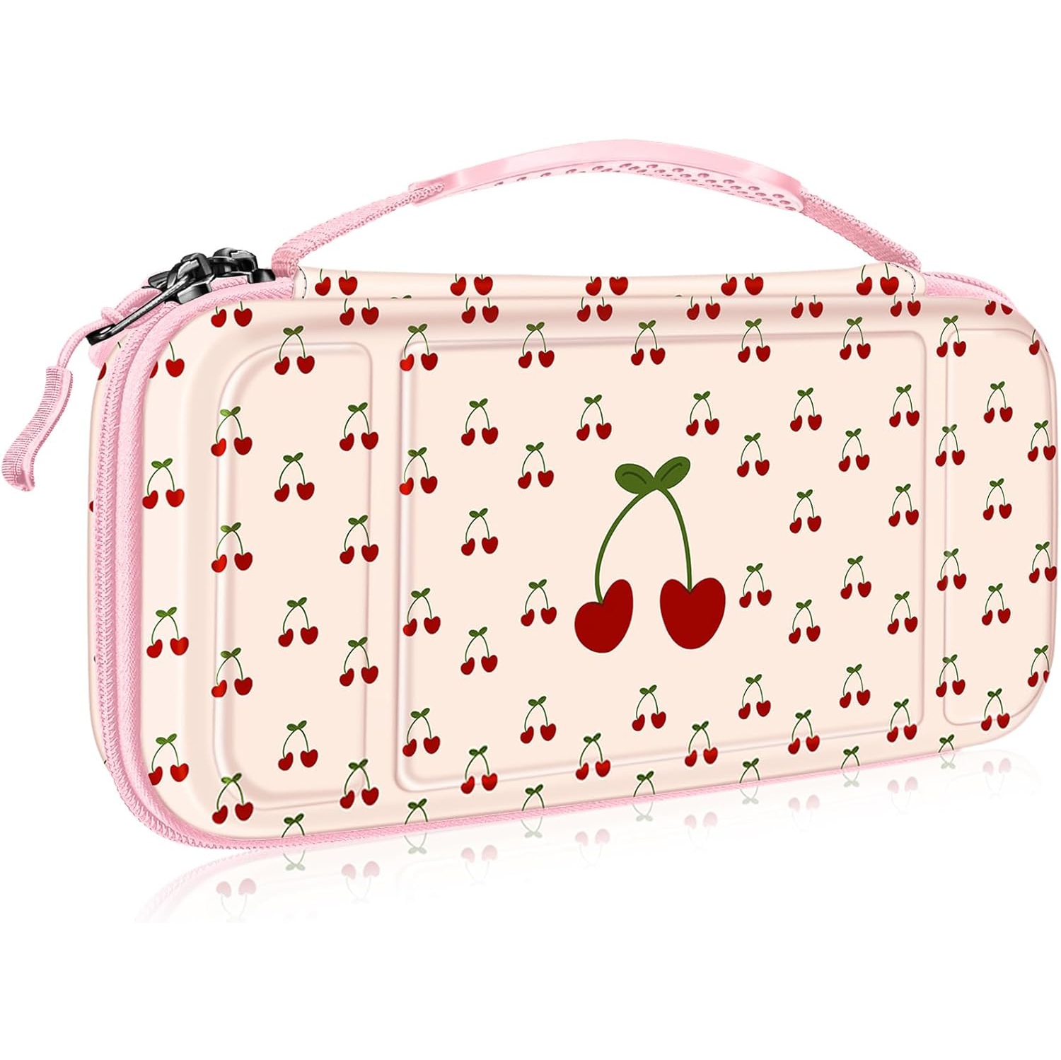 Carrying Case for Switch & OLED, Cute Travel Bag in Pretty Pattern Design of Pink Interior with an Adjustable Shoulder Strap, Coquette Cherries
