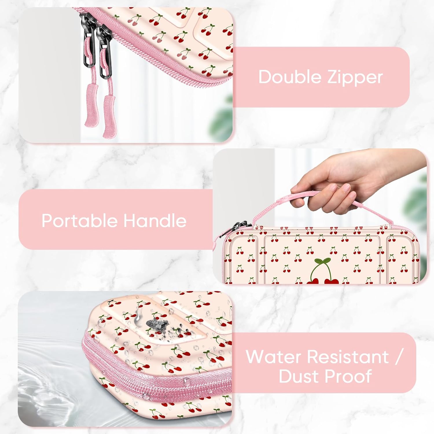 Carrying Case for Switch & OLED, Cute Travel Bag in Pretty Pattern Design of Pink Interior with an Adjustable Shoulder Strap, Coquette Cherries