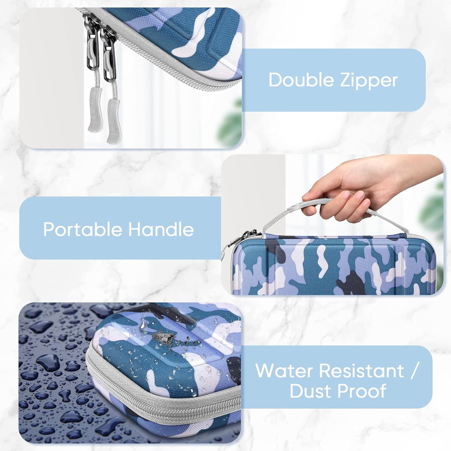 Carrying Case for Switch & OLED, Cute Travel Bag in Pretty Pattern Design of Pink Interior with an Adjustable Shoulder Strap, Camo Blue